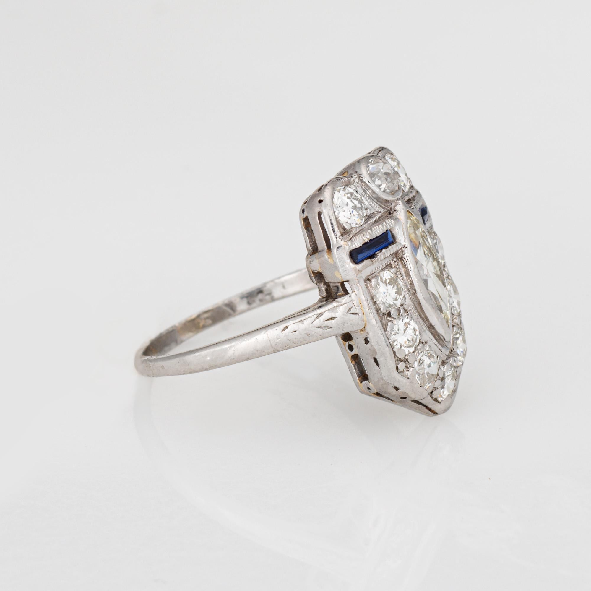 Vintage Art Deco Anillo de Zafiro Diamante Sheild Sz 5.75 Platino Joyería 1920s Art Decó en venta