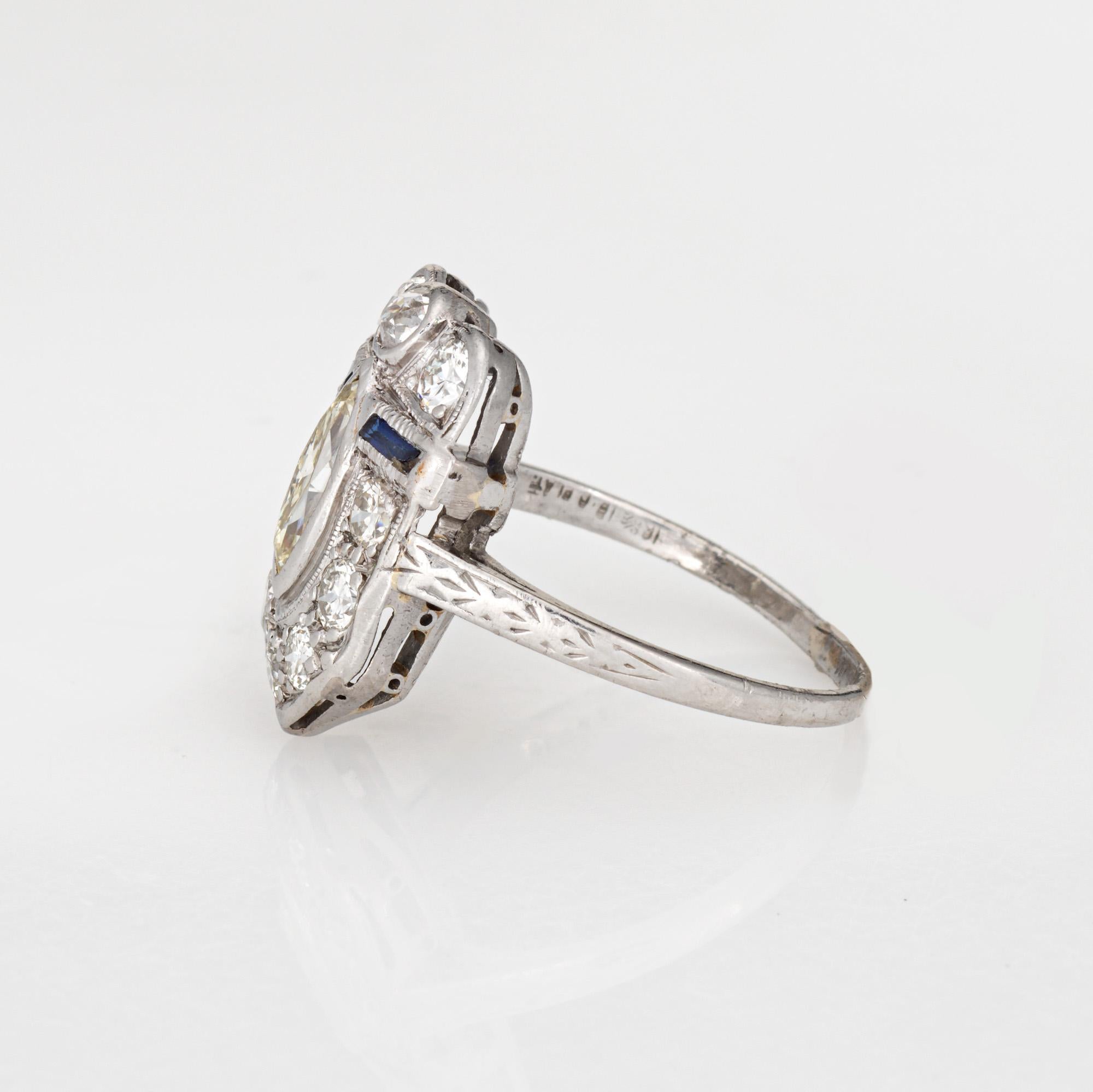 Vintage Art Deco Anillo de Zafiro Diamante Sheild Sz 5.75 Platino Joyería 1920s Corte marquesa en venta