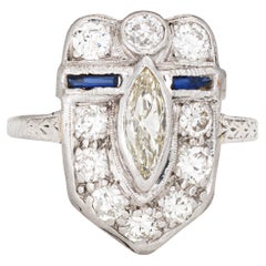 Vintage Art Deco Diamond Sapphire Sheild Ring Sz 5.75 Platinum Jewelry 1920s