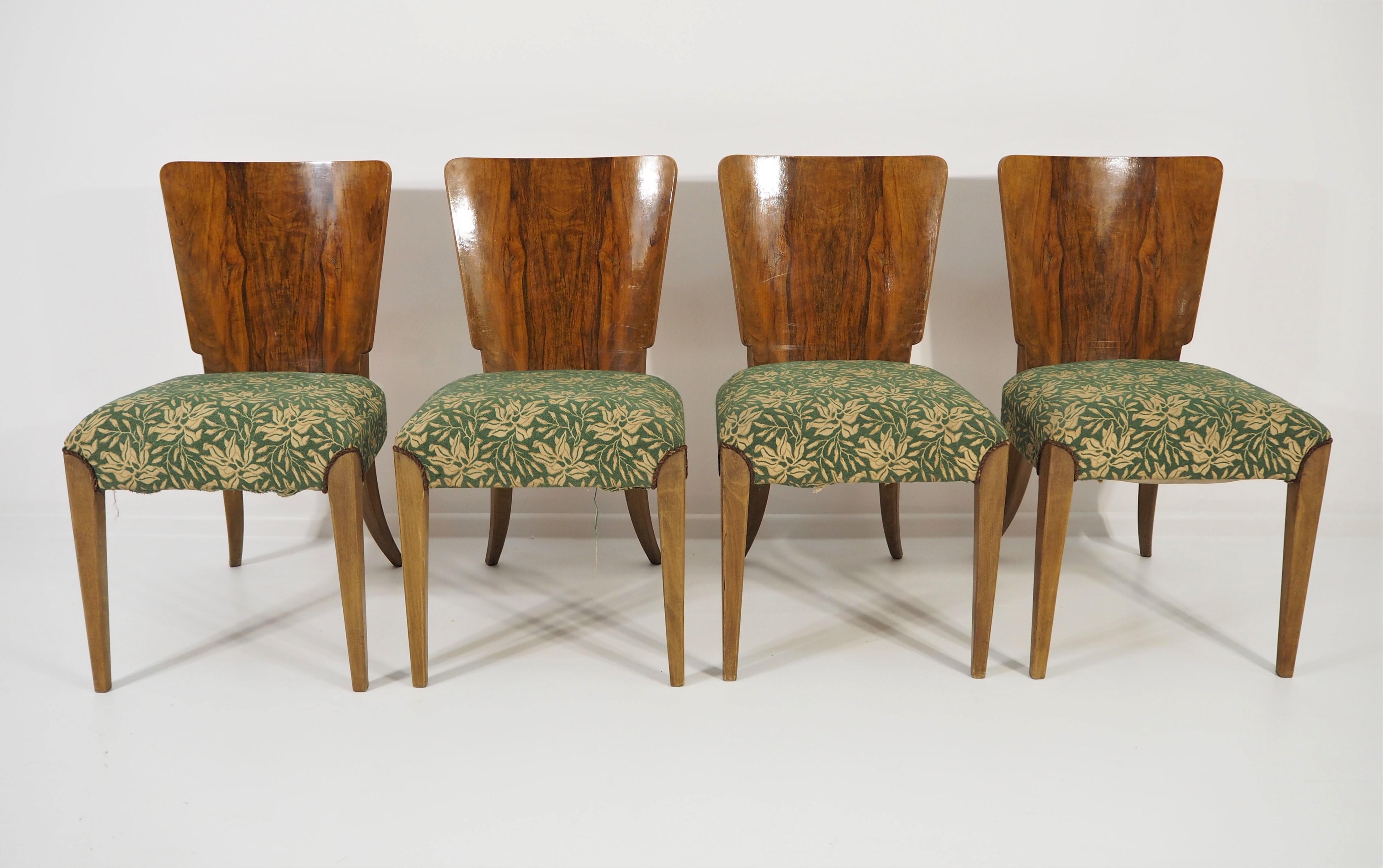 Vintage Art Deco dining chairs by Jindřich Halabala, Set of 4. Original condition, walnut.