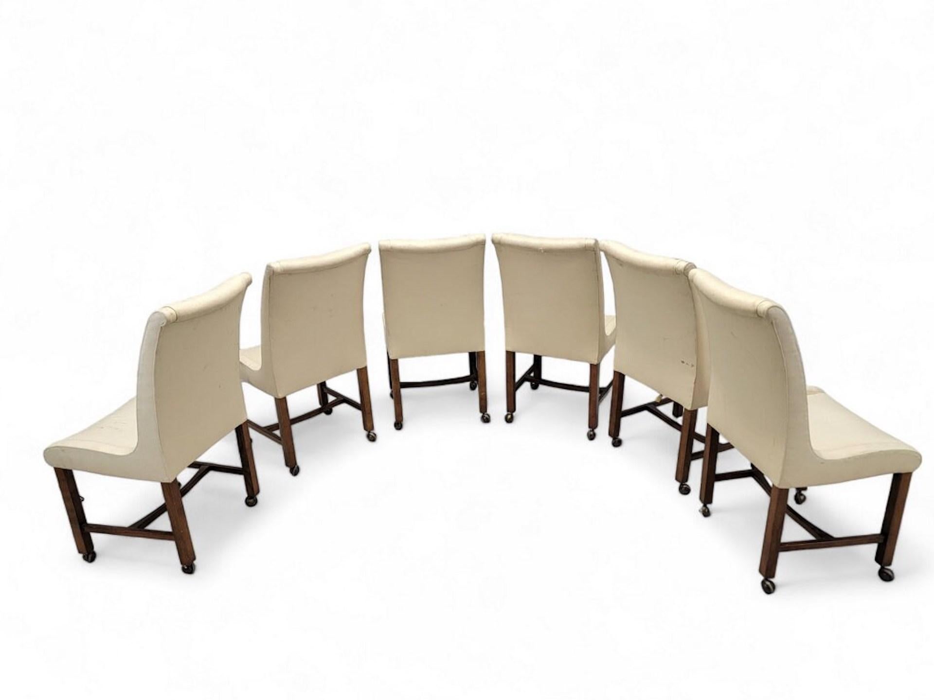 Vintage Art Deco Dining Chairs on Casters Styled After Baker Furniture Company - Set of 8

This set of eight high-back dining chairs maintain their original upholstery. They have been built on casters with a walnut frame, beautifully crafted in an