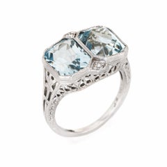 Vintage Art Deco Double Aquamarine Diamond Ring 18k White Gold Filigree Sz 5