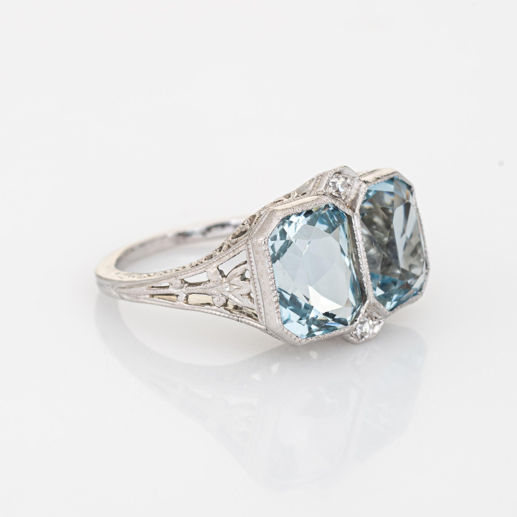 Square Cut Vintage Art Deco Double Aquamarine Diamond Ring 18k White Gold Filigree Sz 5