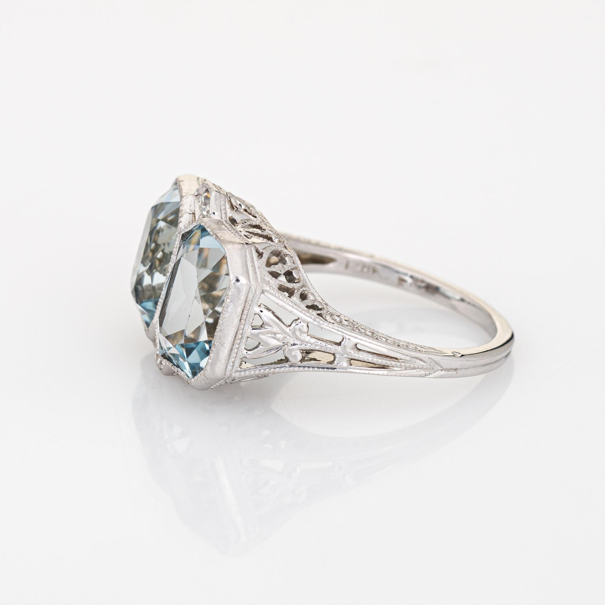 Vintage Art Deco Double Aquamarine Diamond Ring 18k White Gold Filigree Sz 5 In Good Condition In Torrance, CA