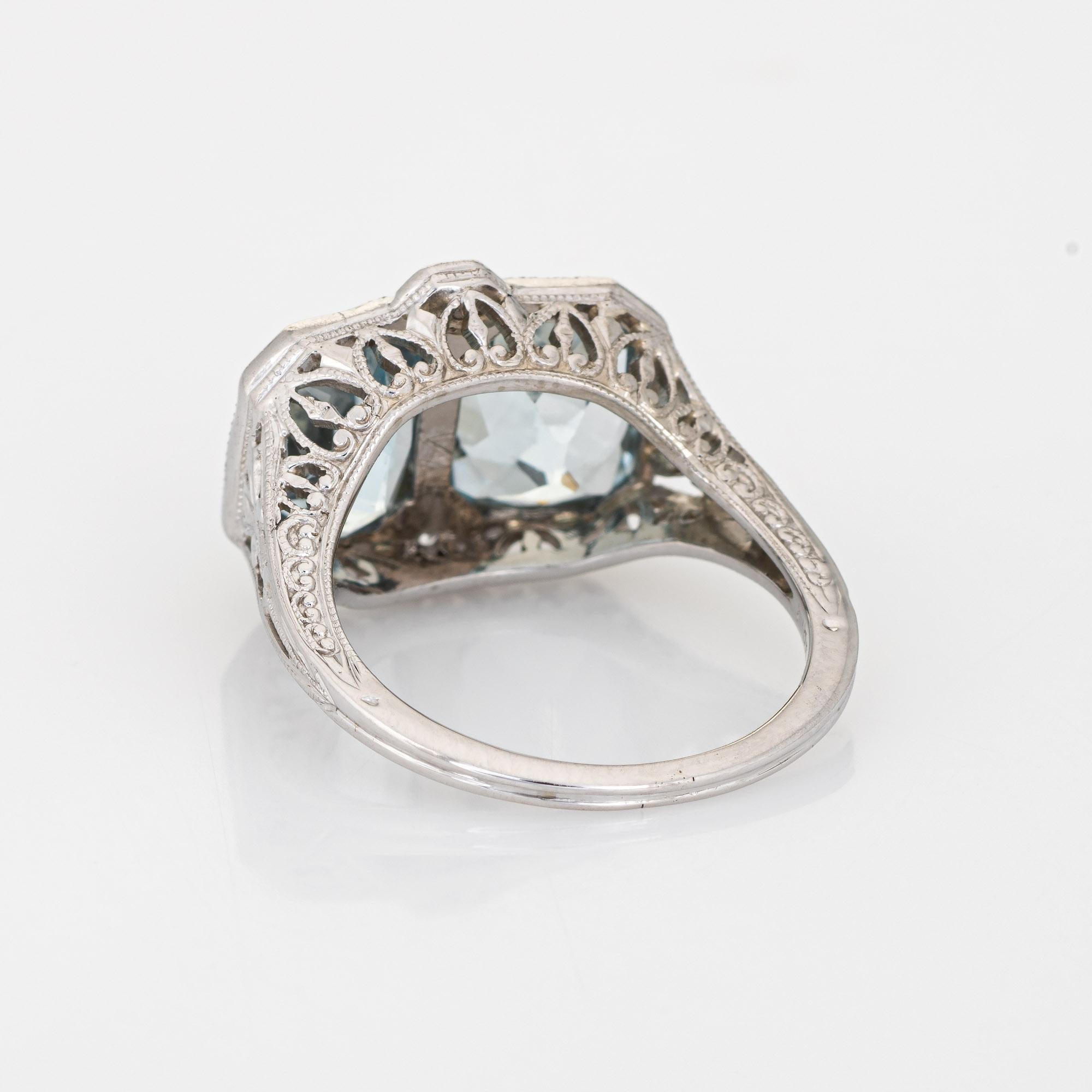 Women's Vintage Art Deco Double Aquamarine Diamond Ring 18k White Gold Filigree Sz 5