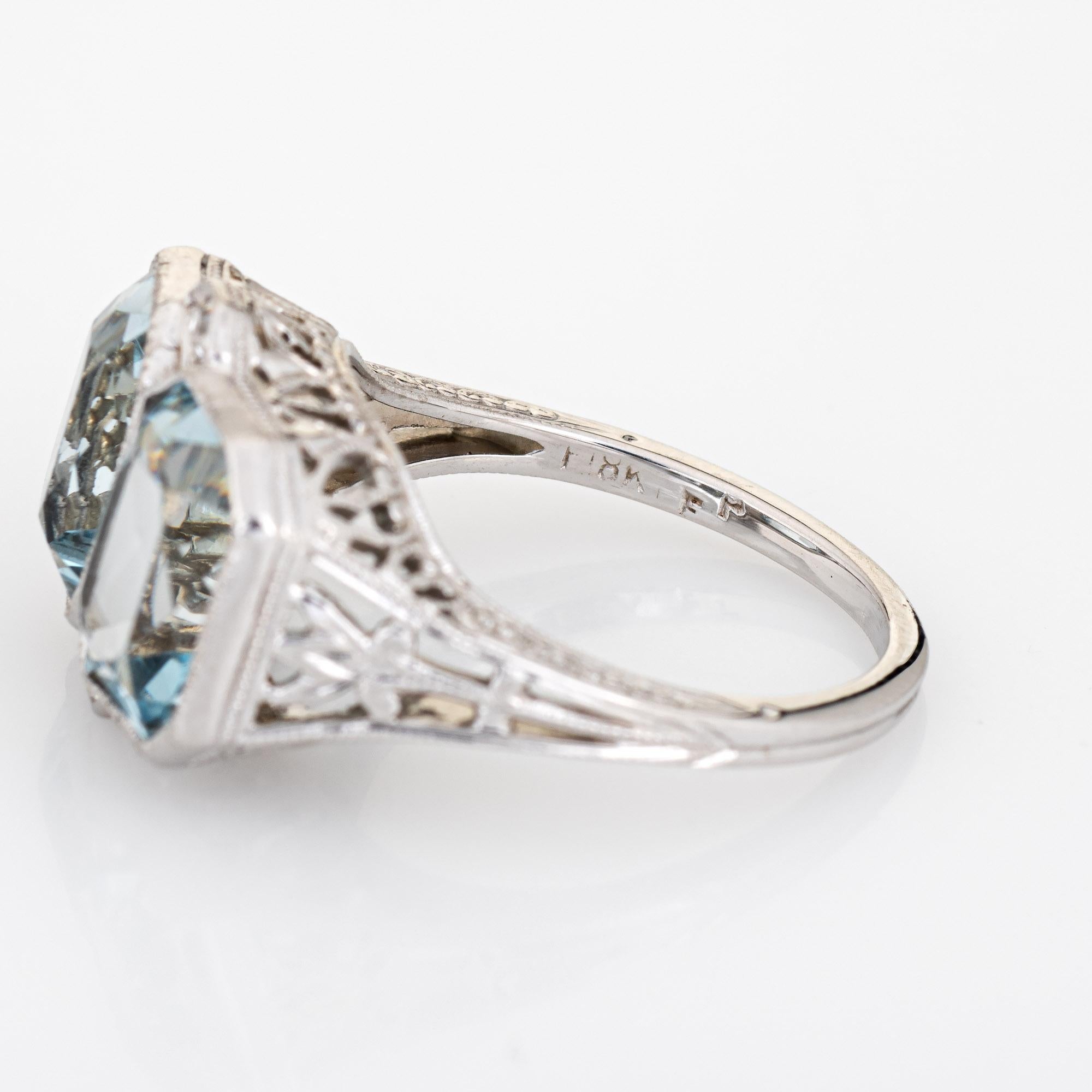 Vintage Art Deco Double Aquamarine Diamond Ring 18k White Gold Filigree Sz 5 2