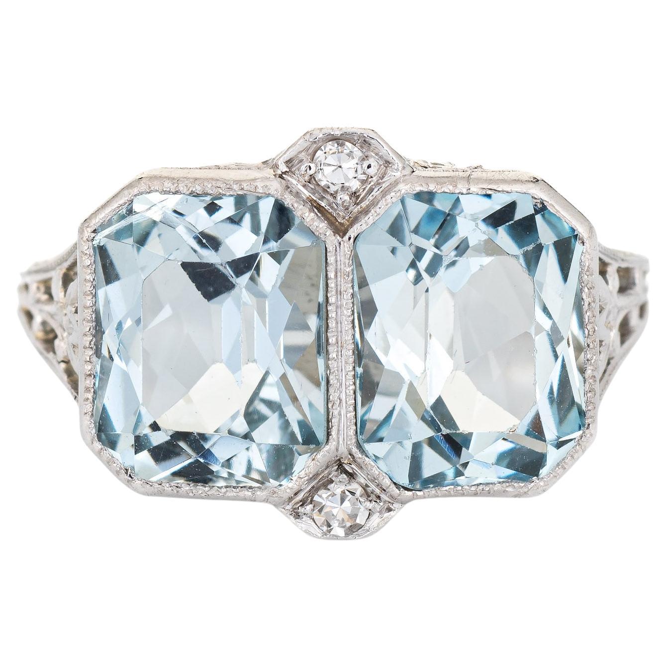 Vintage Art Deco Double Aquamarine Diamond Ring 18k White Gold Filigree Sz 5