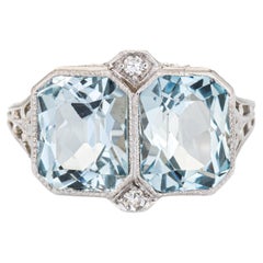 Antique Art Deco Double Aquamarine Diamond Ring 18k White Gold Filigree Sz 5