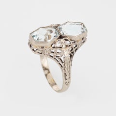 Vintage Art Deco Double Aquamarine Ring Filigree 14k Gold Elongated Hexagon