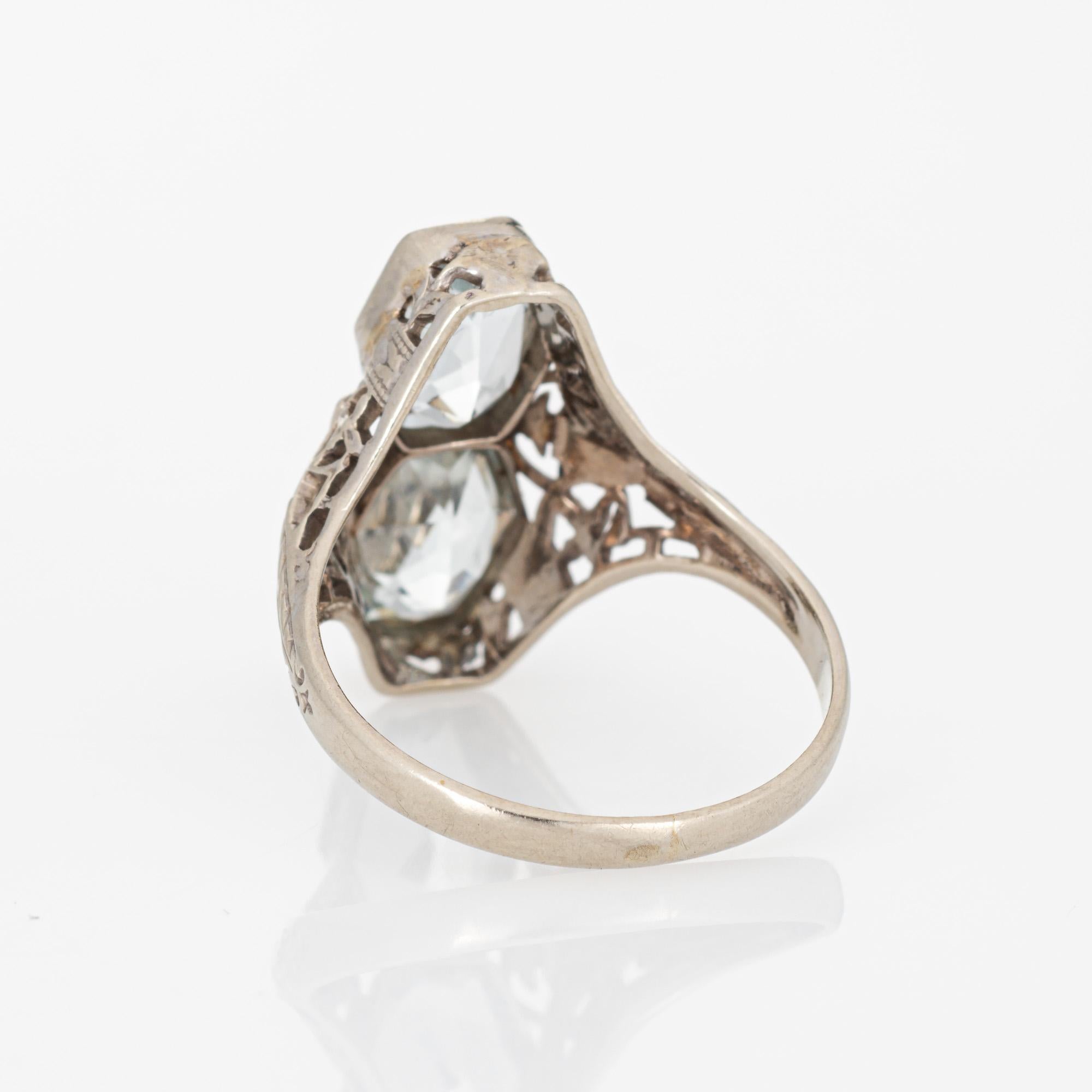 Women's Vintage Art Deco Double Aquamarine Ring Filigree 14k Gold Elongated Hexagon For Sale