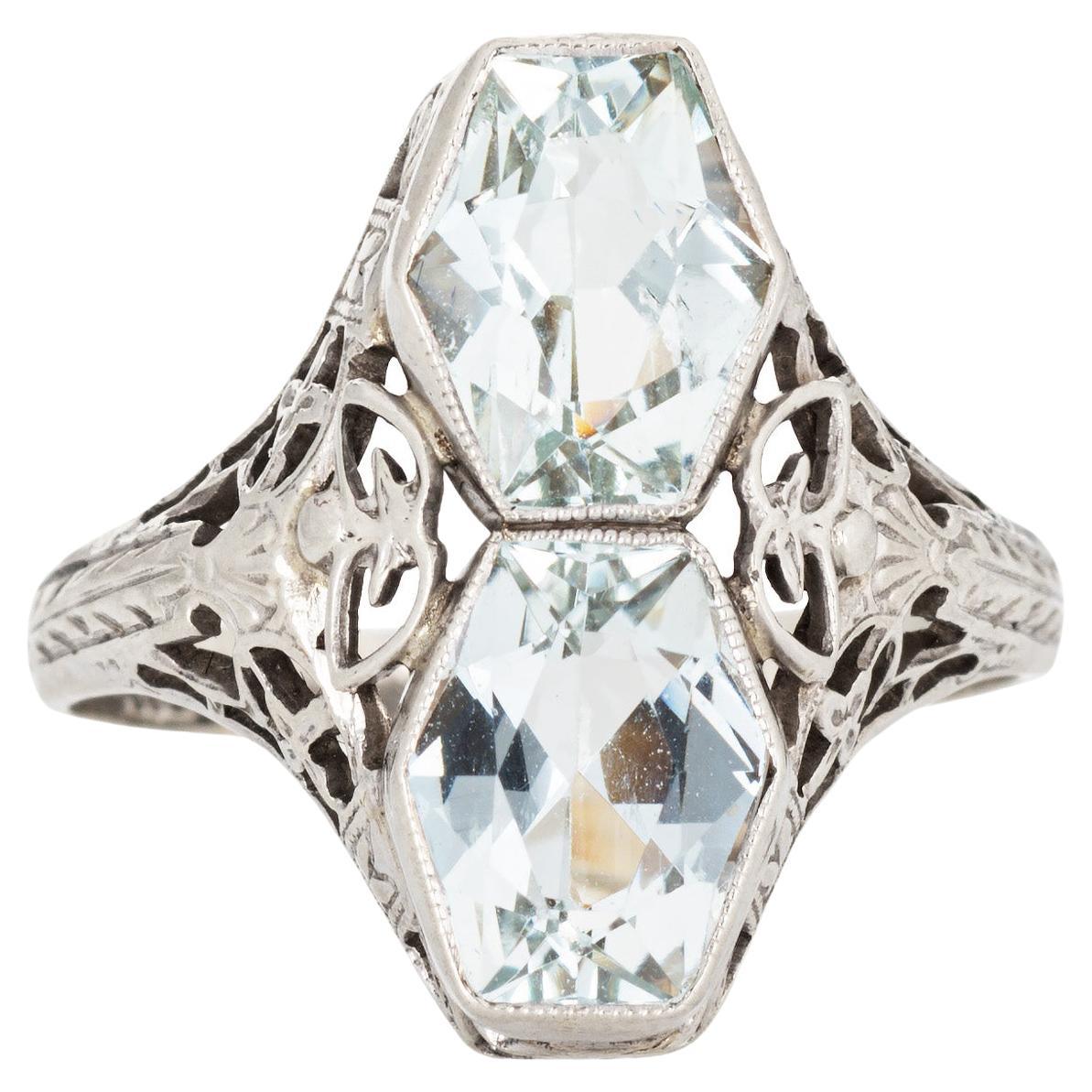Vintage Art Deco Double Aquamarine Ring Filigree 14k Gold Elongated Hexagon