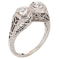 Antique Art Deco Double Diamond Ring 18k Gold Filigree Sz 5.5 Estate Jewelry