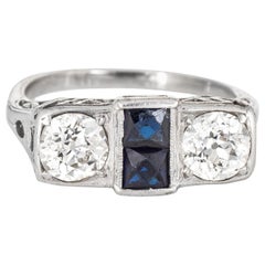 Vintage Art Deco Double Diamond Ring Sapphire 14 Karat Gold Antique Jewelry