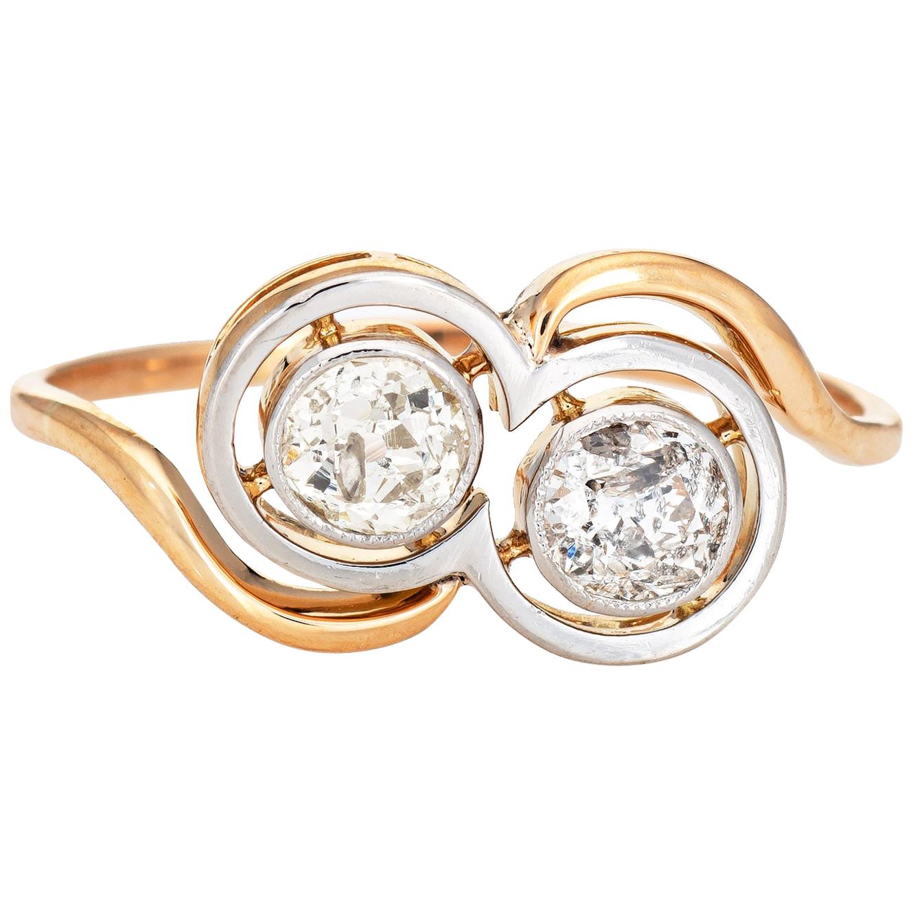 Vintage Art Deco Double Diamond Ring Toi et Moi Old Mine Cuts 14 Karat Gold