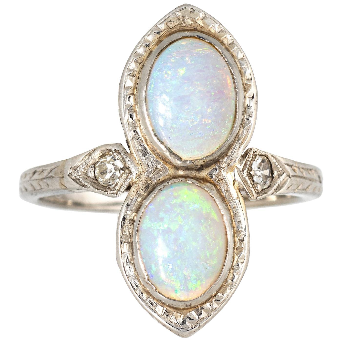 Vintage Art Deco Double Opal Diamond Ring 18 Karat Gold Antique Fine Jewelry