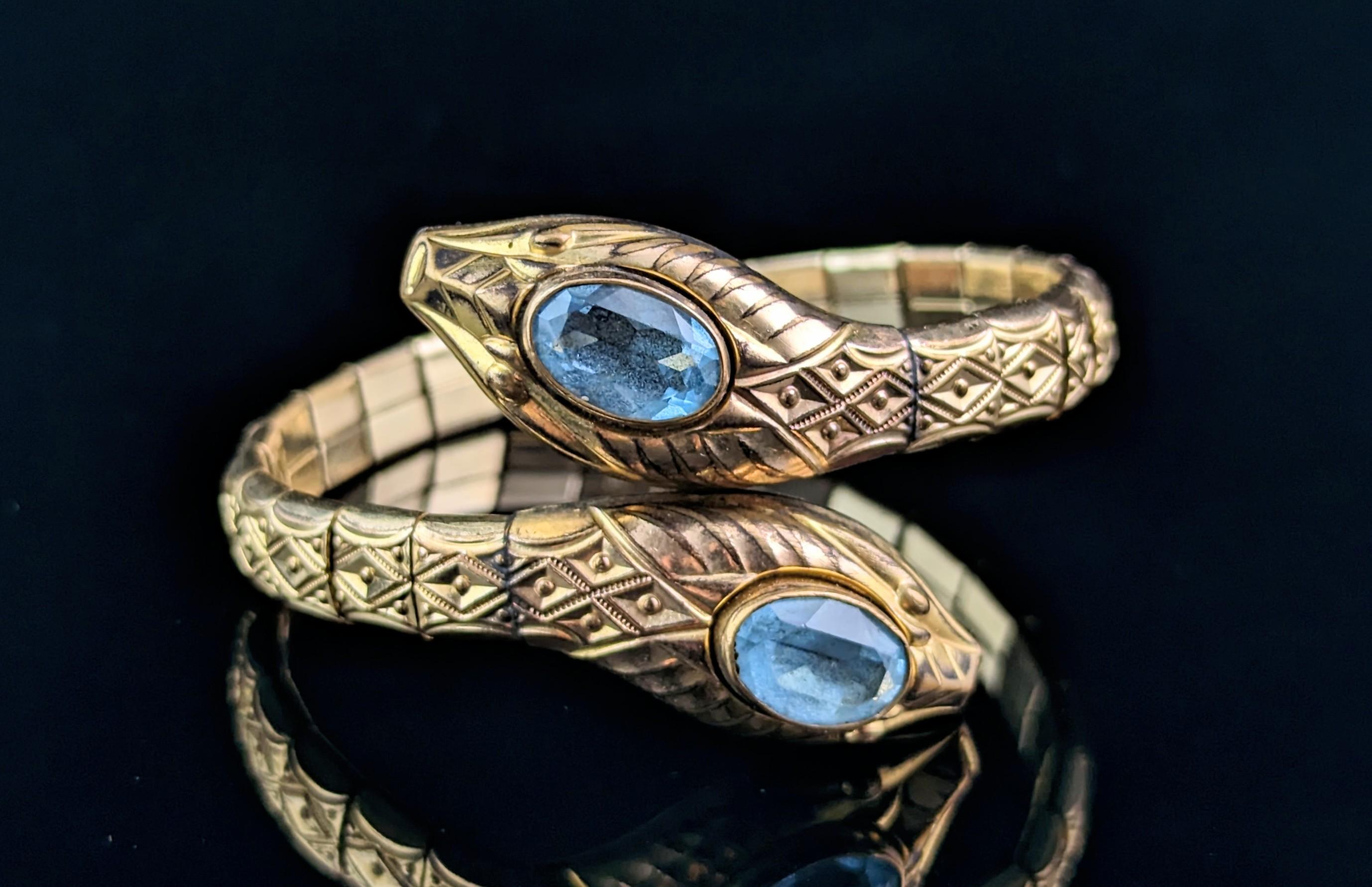 Vintage Art Deco Double snake bracelet, gilt and blue paste, bangle  6