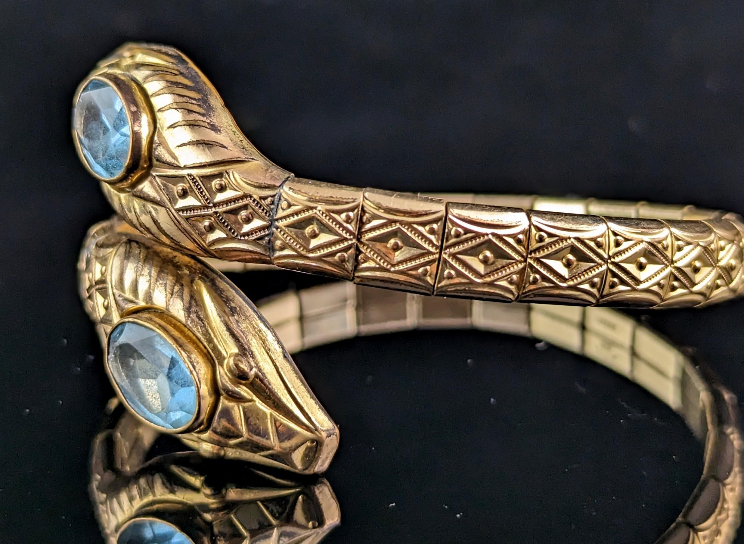 Vintage Art Deco Double snake bracelet, gilt and blue paste, bangle  In Good Condition In NEWARK, GB
