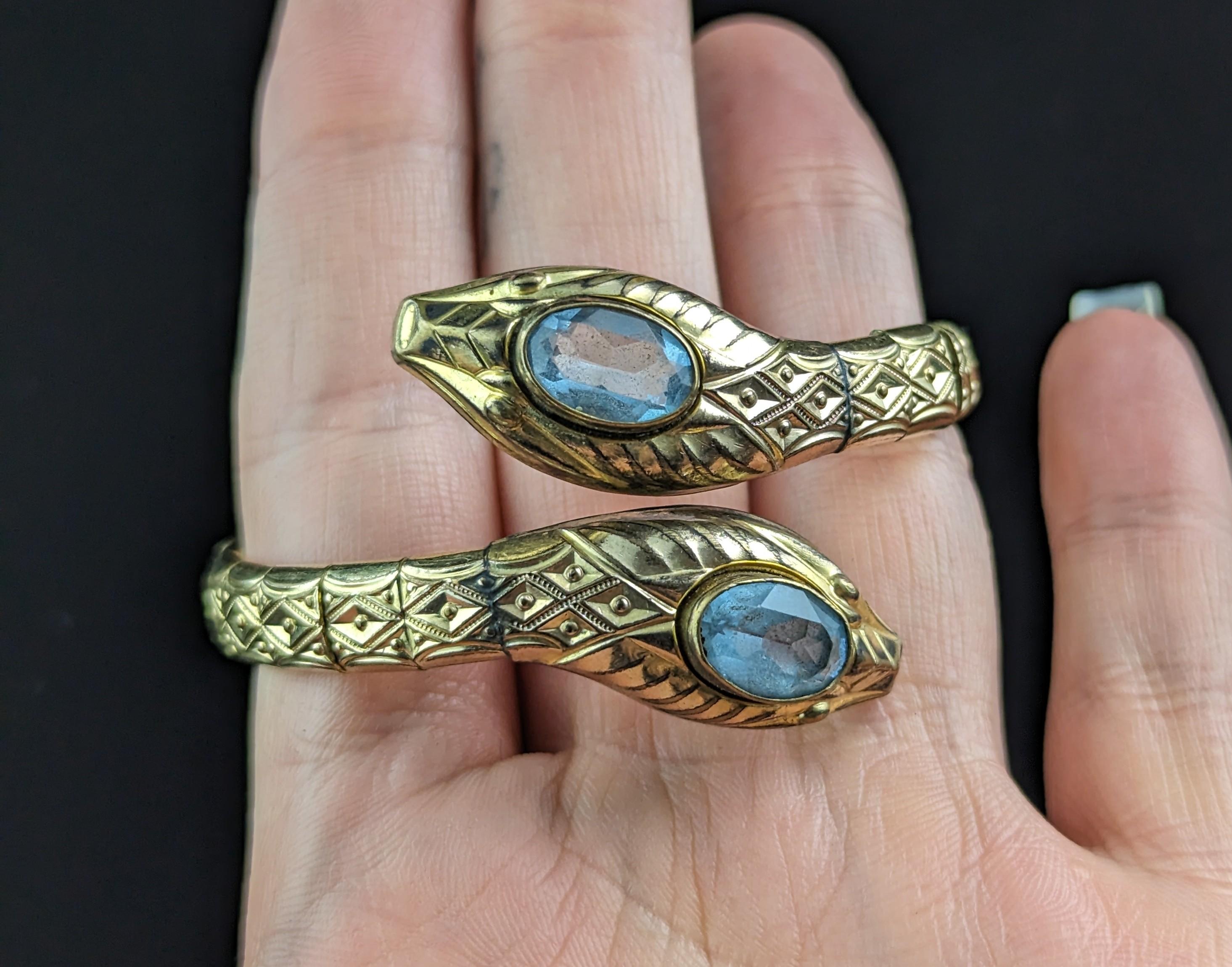 Women's Vintage Art Deco Double snake bracelet, gilt and blue paste, bangle 