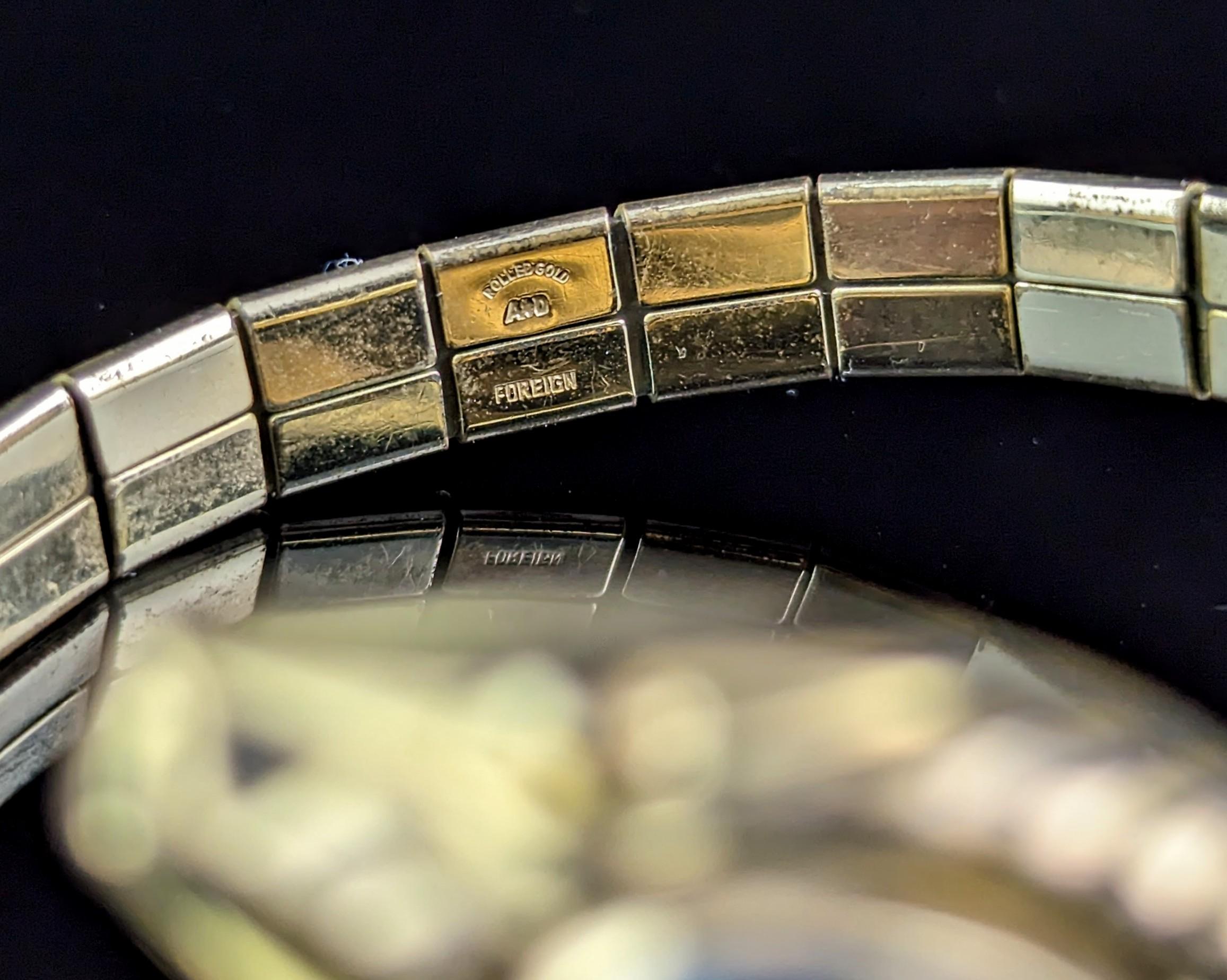 Vintage Art Deco Double snake bracelet, gilt and blue paste, bangle  1