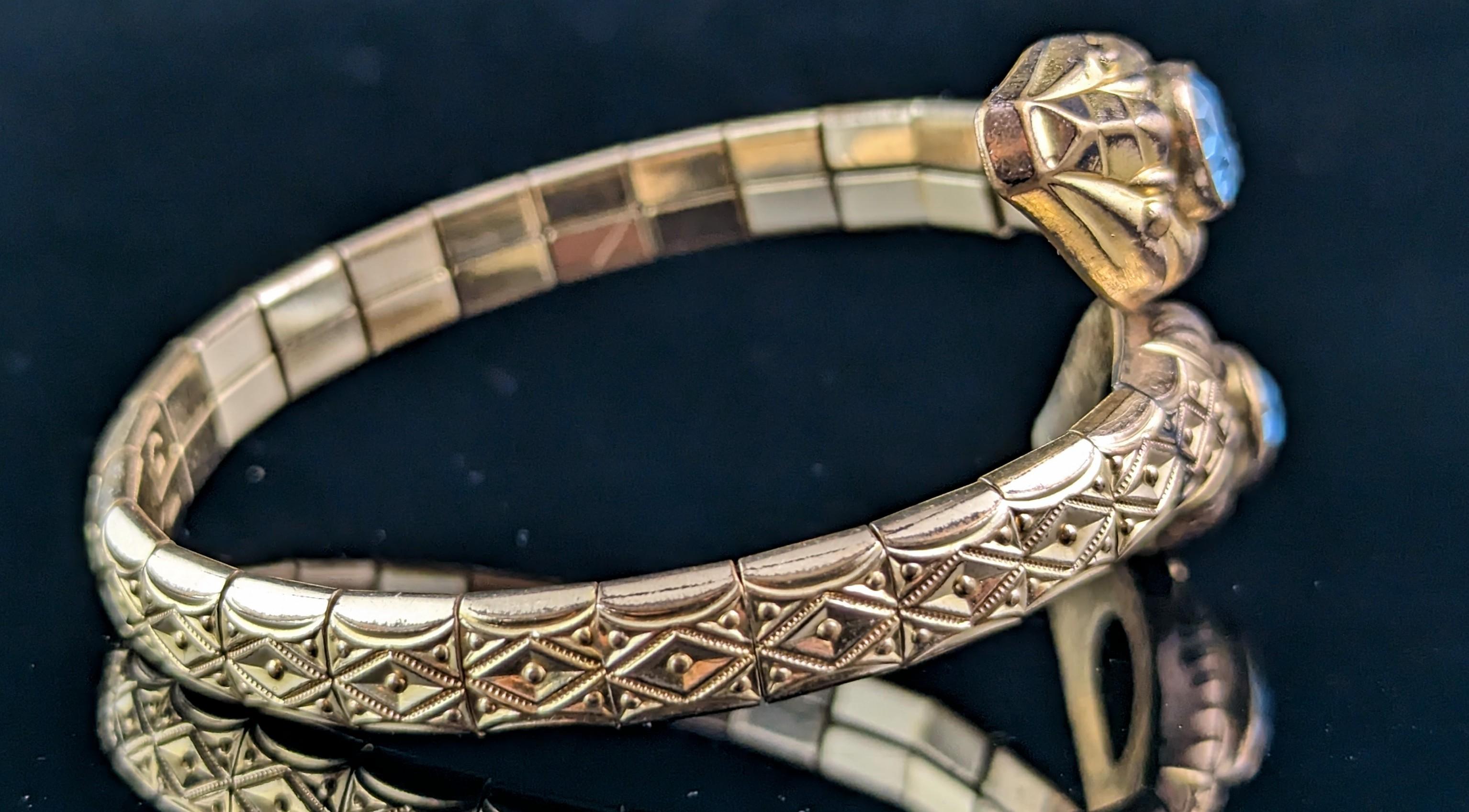 Vintage Art Deco Double snake bracelet, gilt and blue paste, bangle  2
