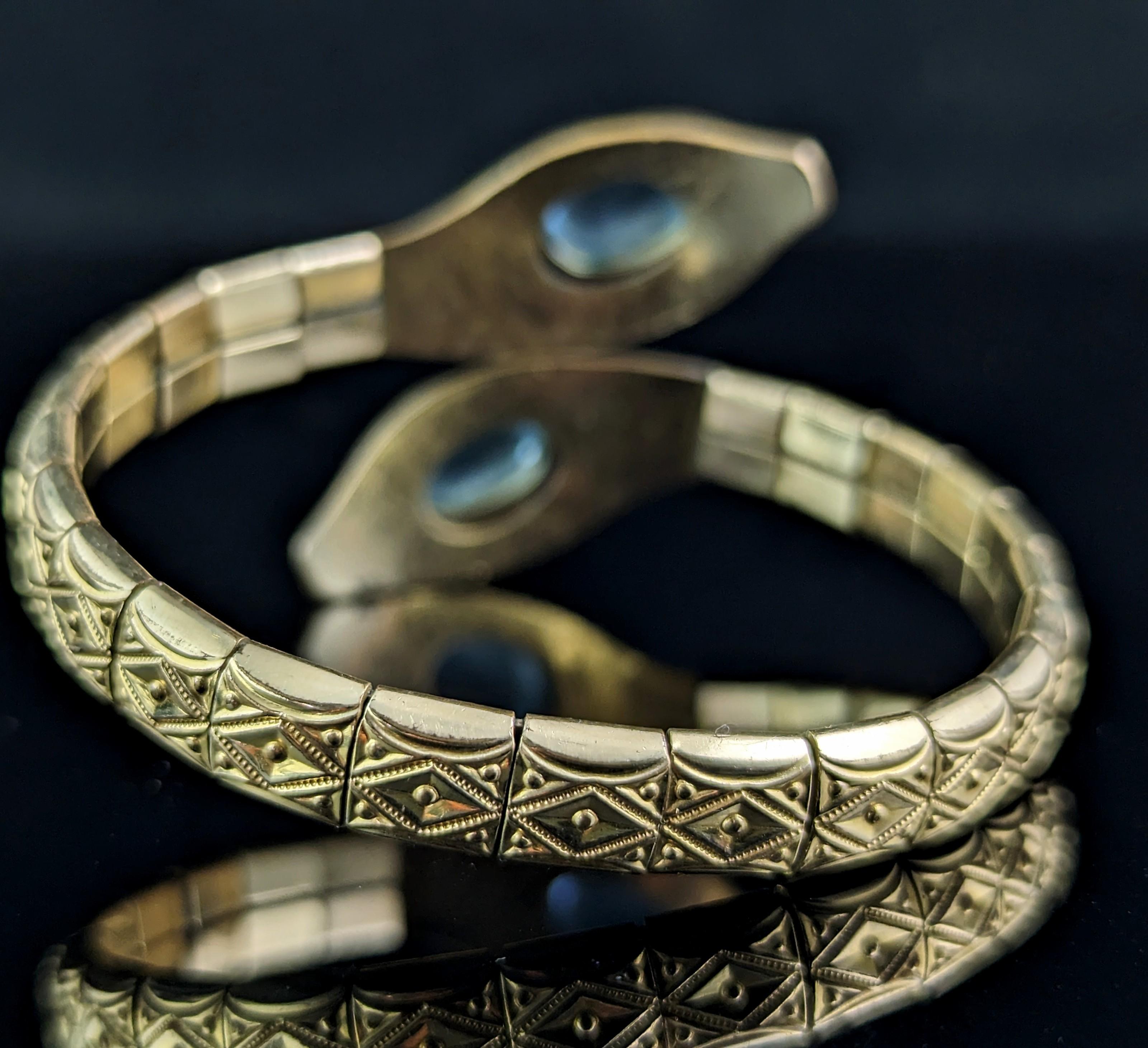 Vintage Art Deco Double snake bracelet, gilt and blue paste, bangle  3