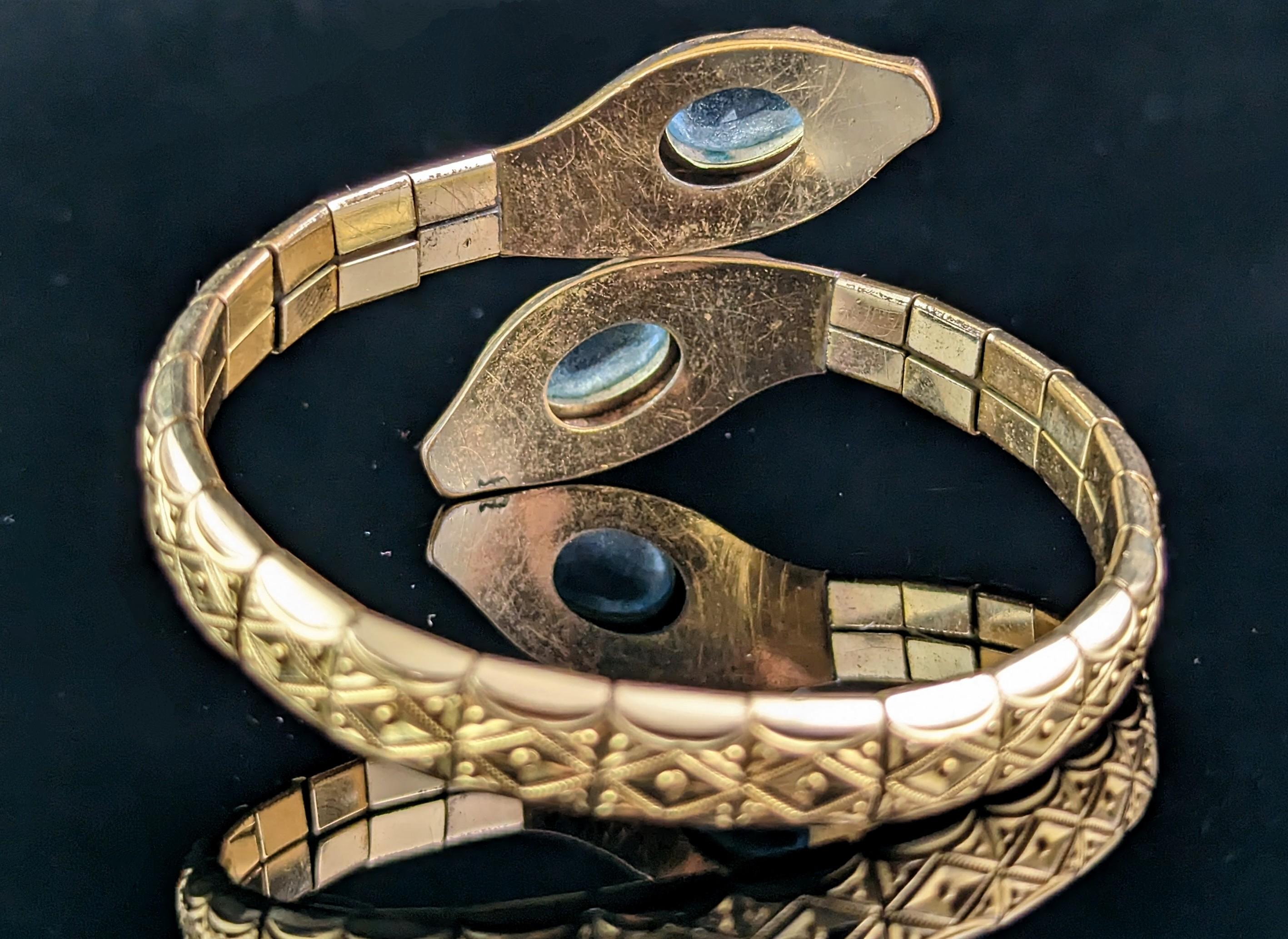 Vintage Art Deco Double snake bracelet, gilt and blue paste, bangle  4