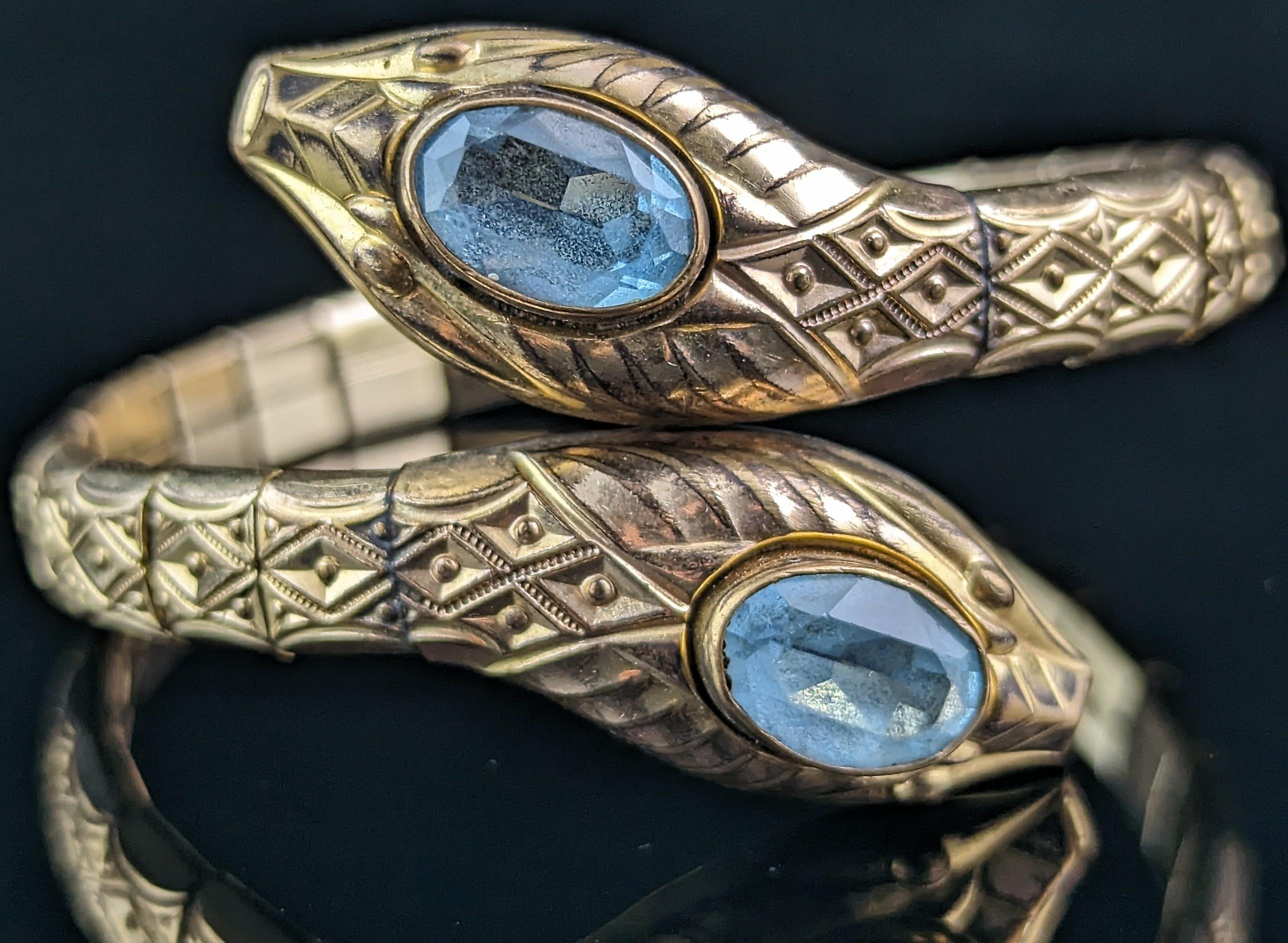 Vintage Art Deco Double snake bracelet, gilt and blue paste, bangle  5