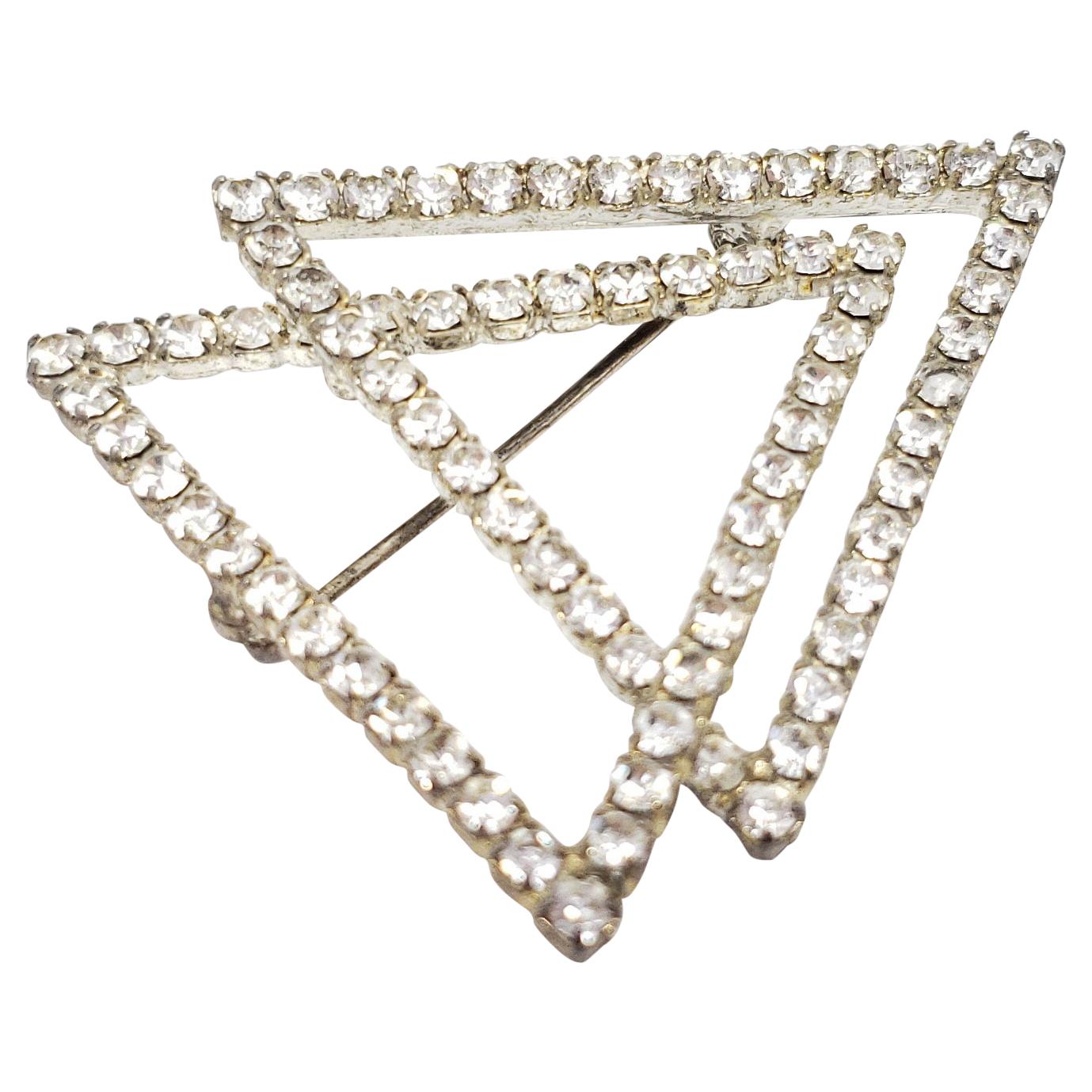 Vintage Art Deco Double Triangle Pin Brooch in Silver with Clear Crystals For Sale