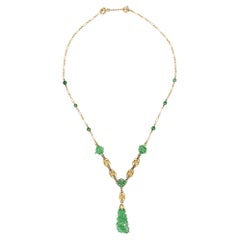 Vintage Art Deco Drop Necklace Carved Jade 14k Yellow Gold, Flower Jewelry