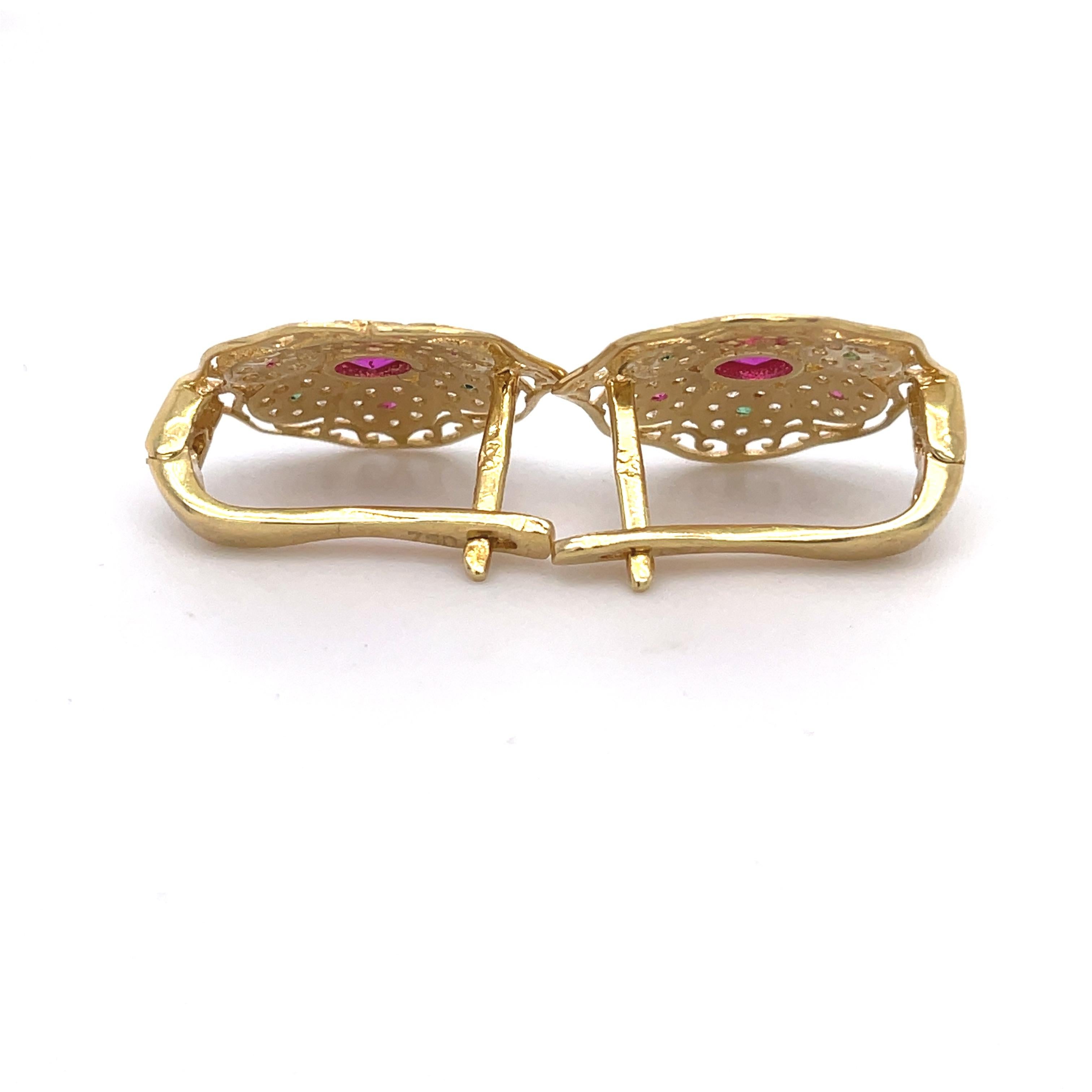 Vintage Art Deco Earrings- 18k Yellow Gold Oval+Round Multi-Color Cubic Zirconia In Excellent Condition For Sale In Ramat Gan, IL