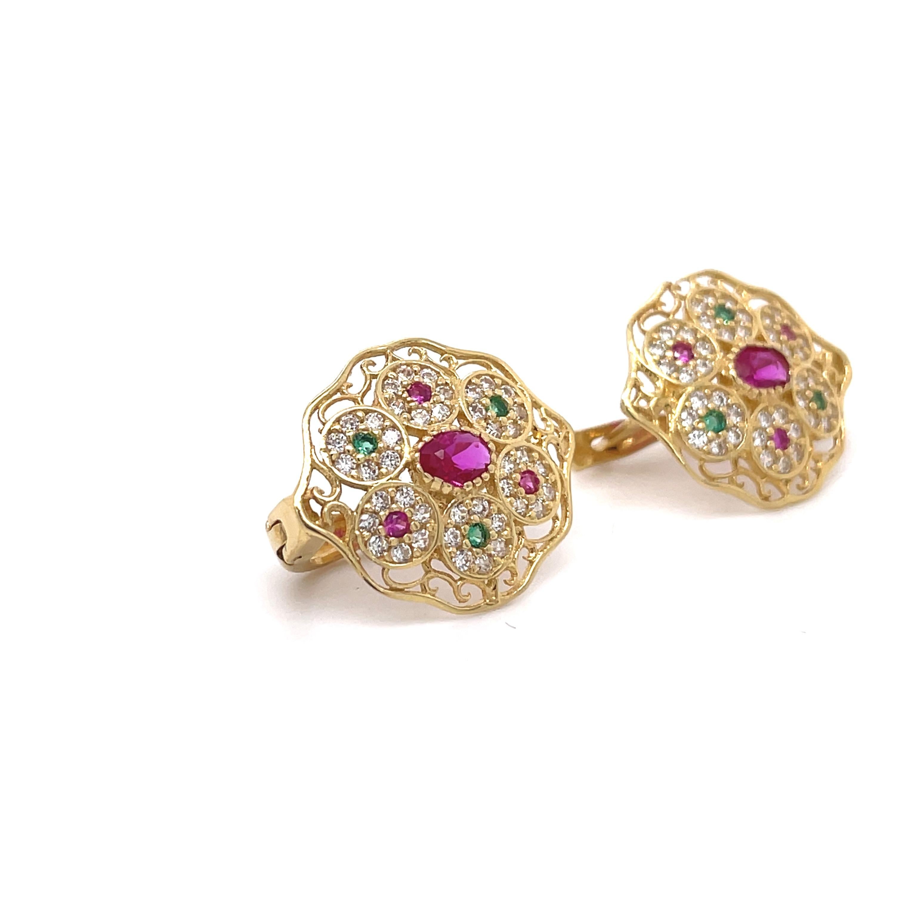 Women's Vintage Art Deco Earrings- 18k Yellow Gold Oval+Round Multi-Color Cubic Zirconia For Sale