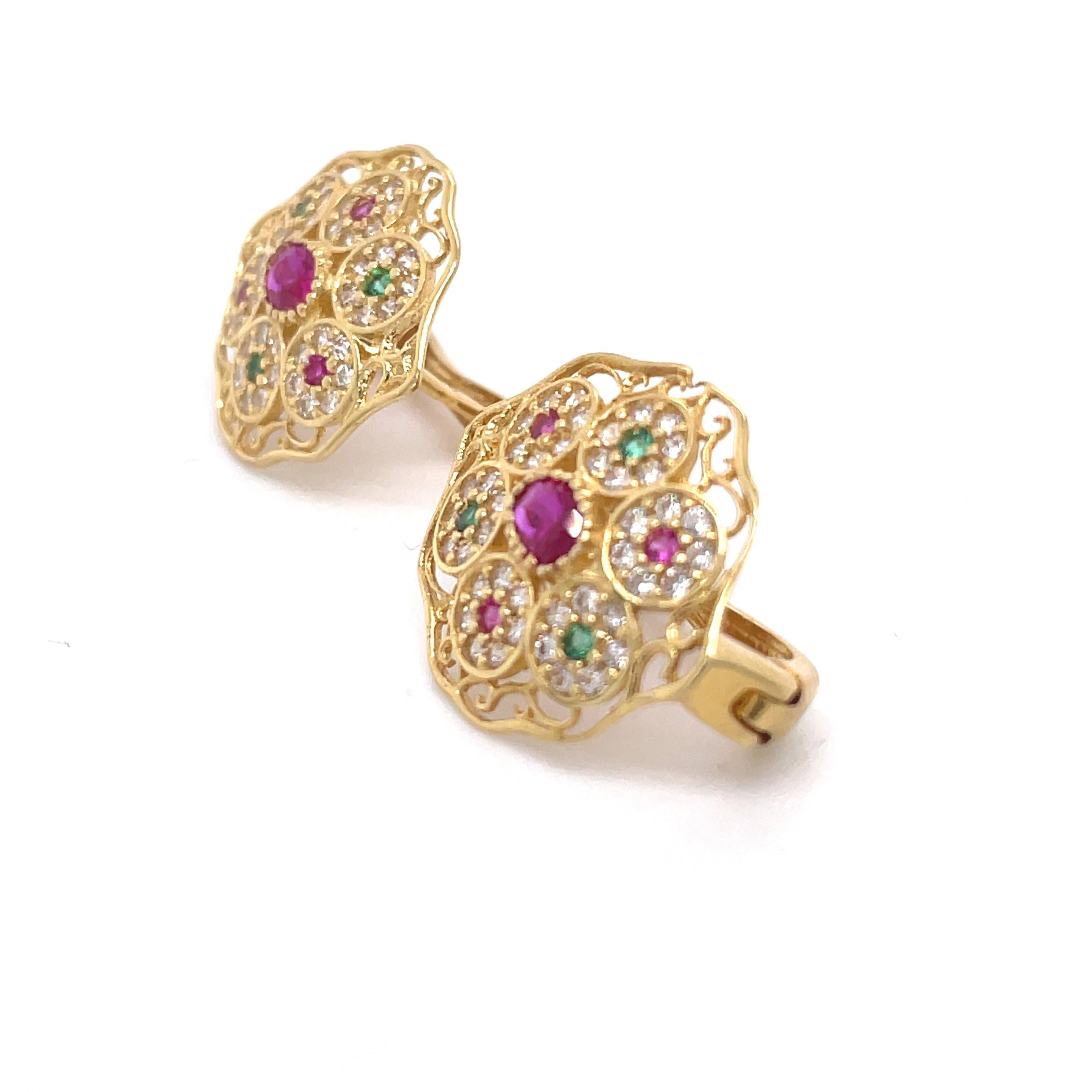 Vintage Art Deco Earrings- 18k Yellow Gold Oval+Round Multi-Color Cubic Zirconia For Sale 1