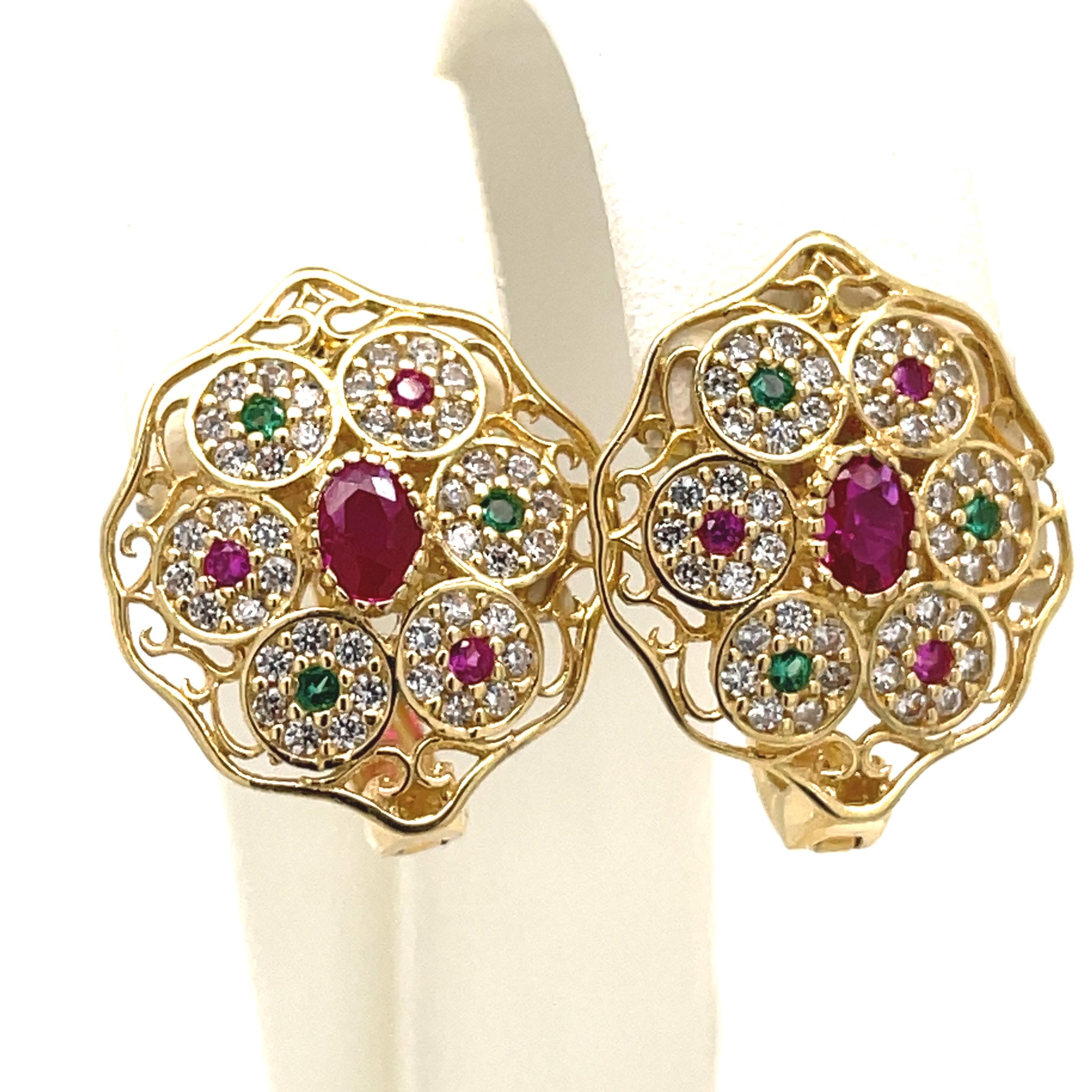 Vintage Art Deco Earrings- 18k Yellow Gold Oval+Round Multi-Color Cubic Zirconia For Sale 3