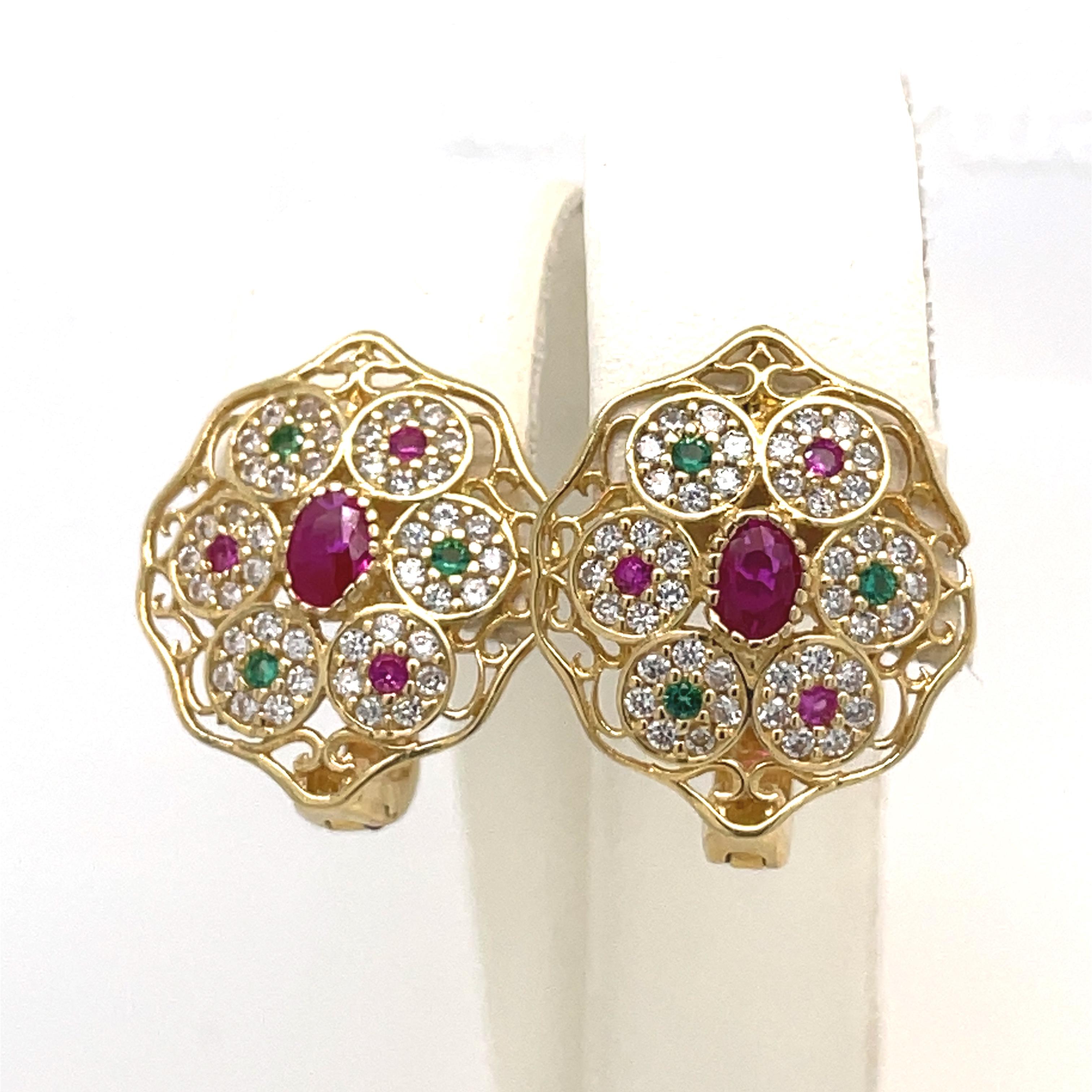 Vintage Art Deco Earrings- 18k Yellow Gold Oval+Round Multi-Color Cubic Zirconia For Sale 4