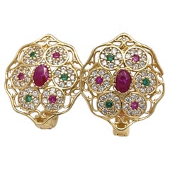 Antique Art Deco Earrings- 18k Yellow Gold Oval+Round Multi-Color Cubic Zirconia