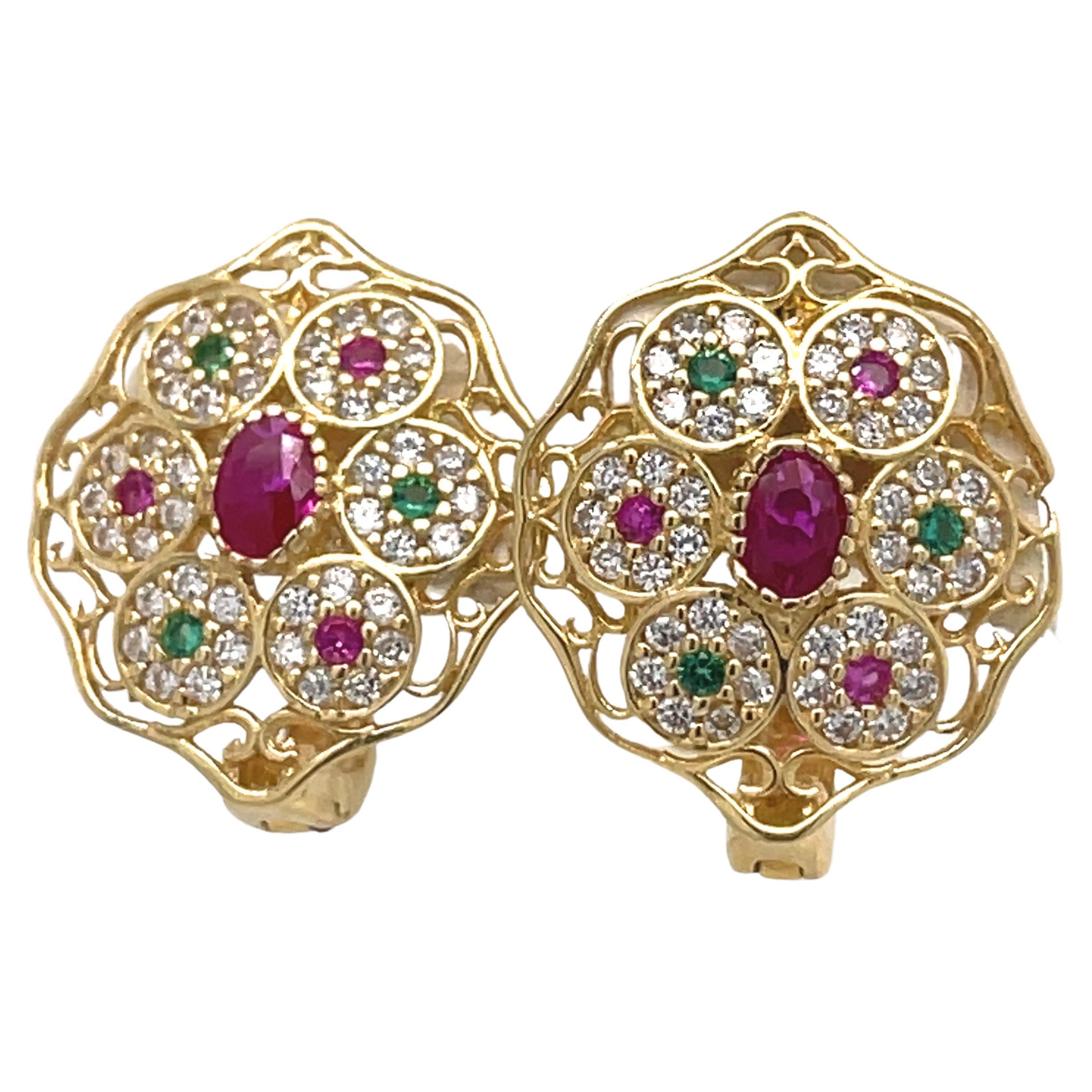 Vintage Art Deco Earrings- 18k Yellow Gold Oval+Round Multi-Color Cubic Zirconia For Sale