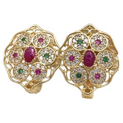 Antique Art Deco Earrings- 18k Yellow Gold Oval+Round Multi-Color Cubic Zirconia
