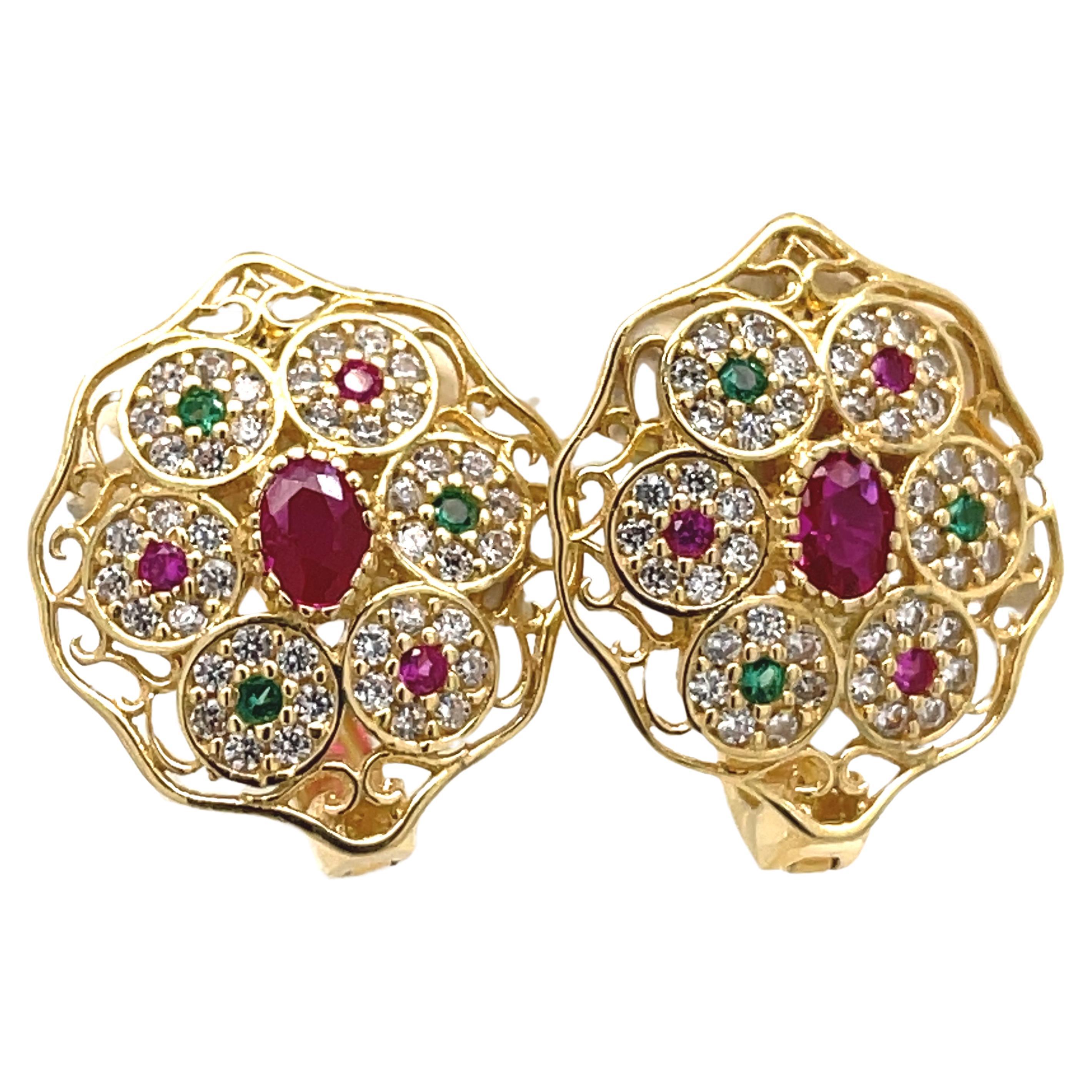 Vintage Art Deco Earrings- 18k Yellow Gold Oval+Round Multi-Color Cubic Zirconia For Sale
