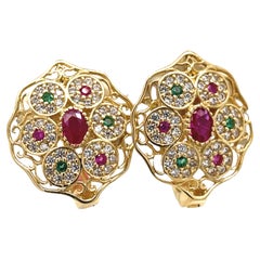Antique Art Deco Earrings- 18k Yellow Gold Oval+Round Multi-Color Cubic Zirconia
