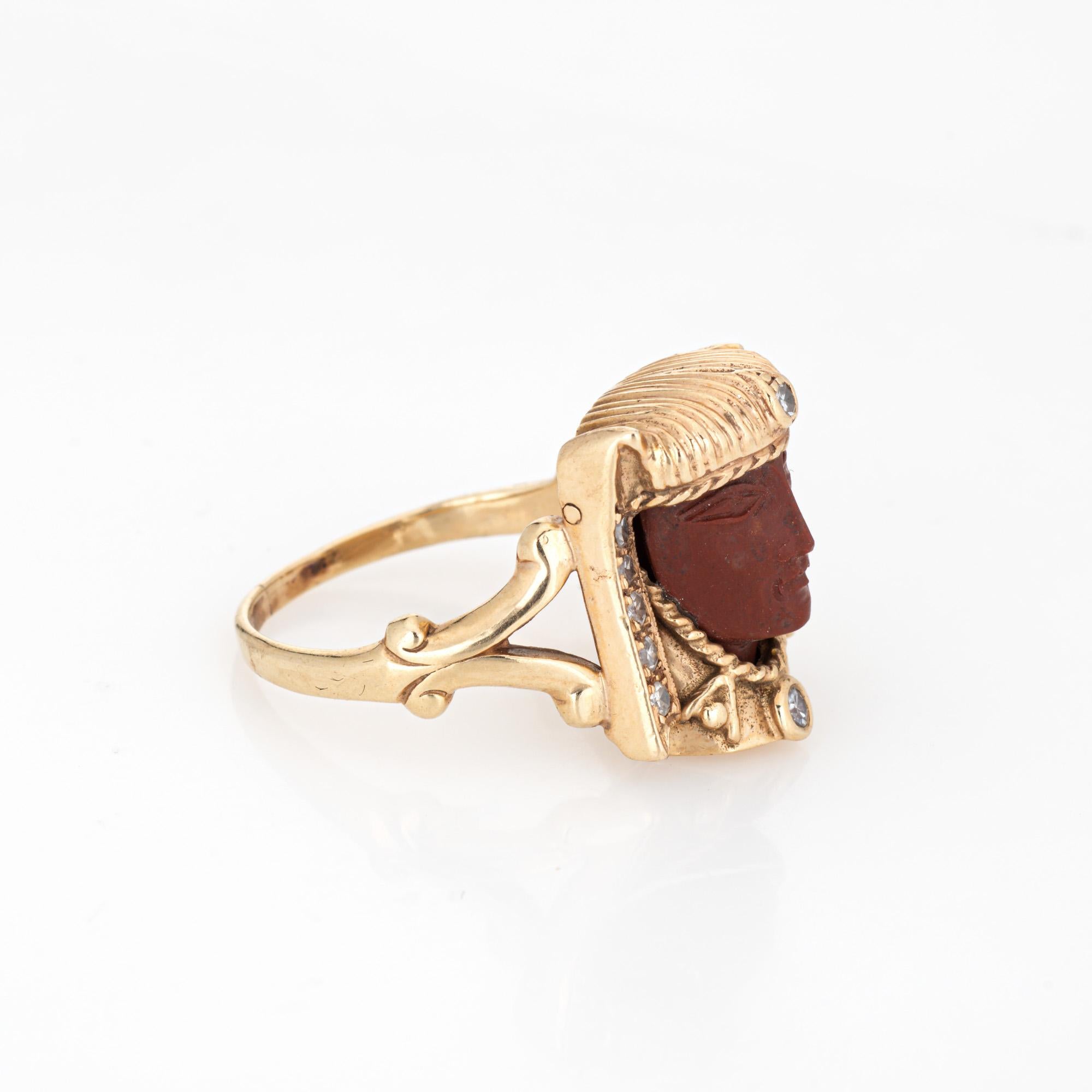 Round Cut Vintage Art Deco Egyptian Revival Ring Pharaoh Jasper Diamond 14k Yellow Gold   For Sale