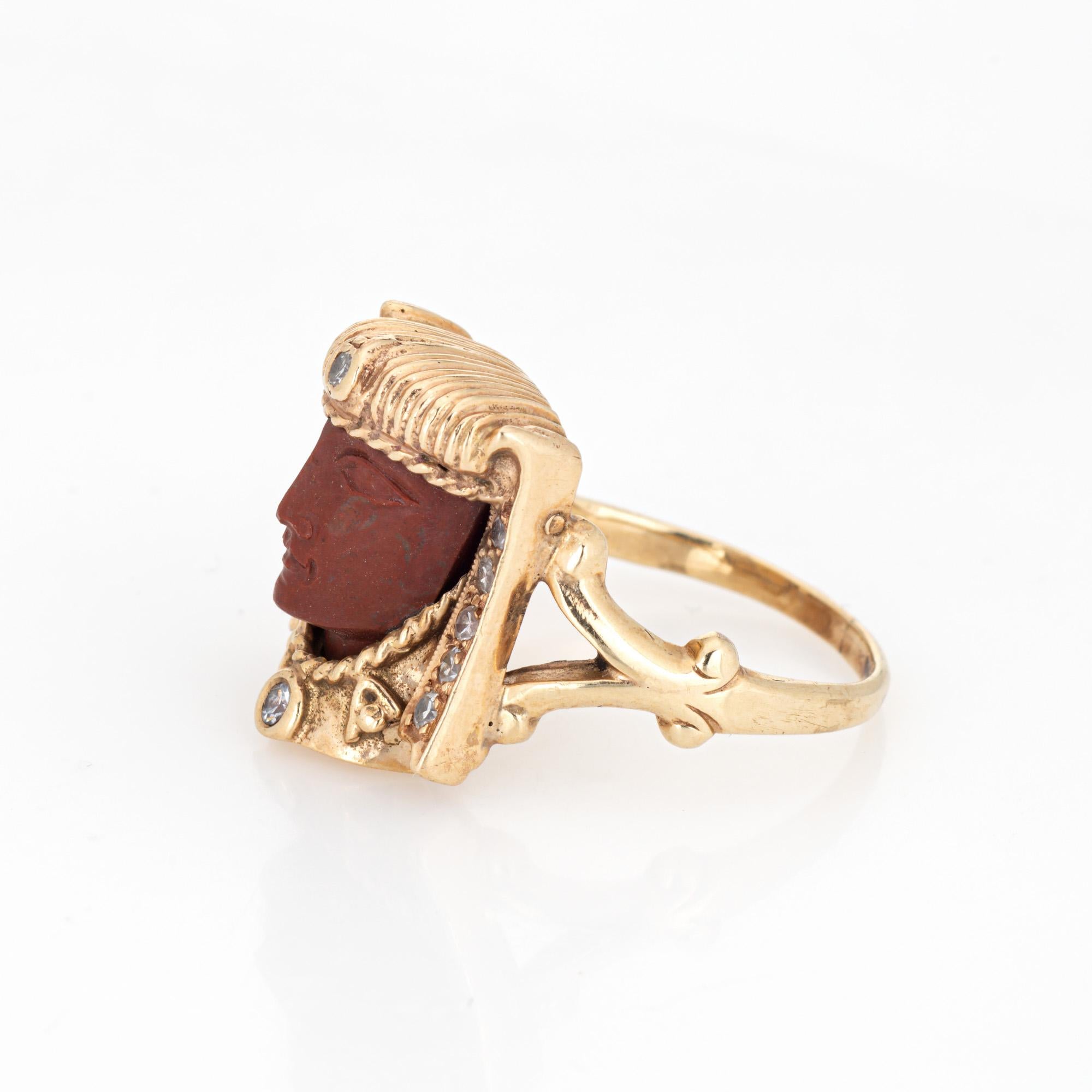 Vintage Art Deco Egyptian Revival Ring Pharaoh Jasper Diamond 14k Yellow Gold   In Good Condition For Sale In Torrance, CA