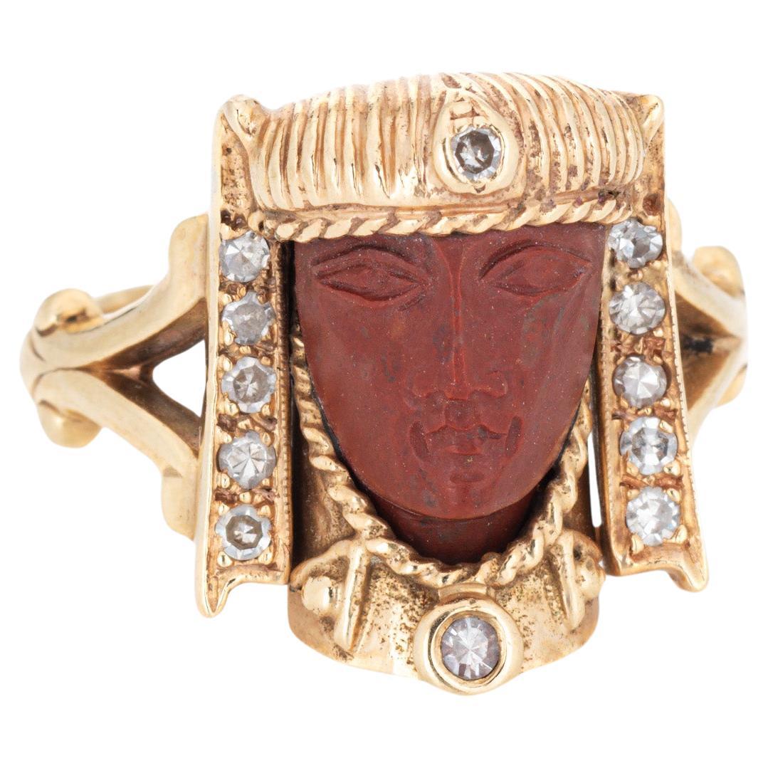 Vintage Art Deco Egyptian Revival Ring Pharaoh Jasper Diamond 14k Yellow Gold   For Sale