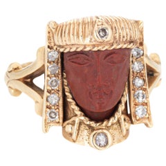 Antique Art Deco Egyptian Revival Ring Pharaoh Jasper Diamond 14k Yellow Gold  