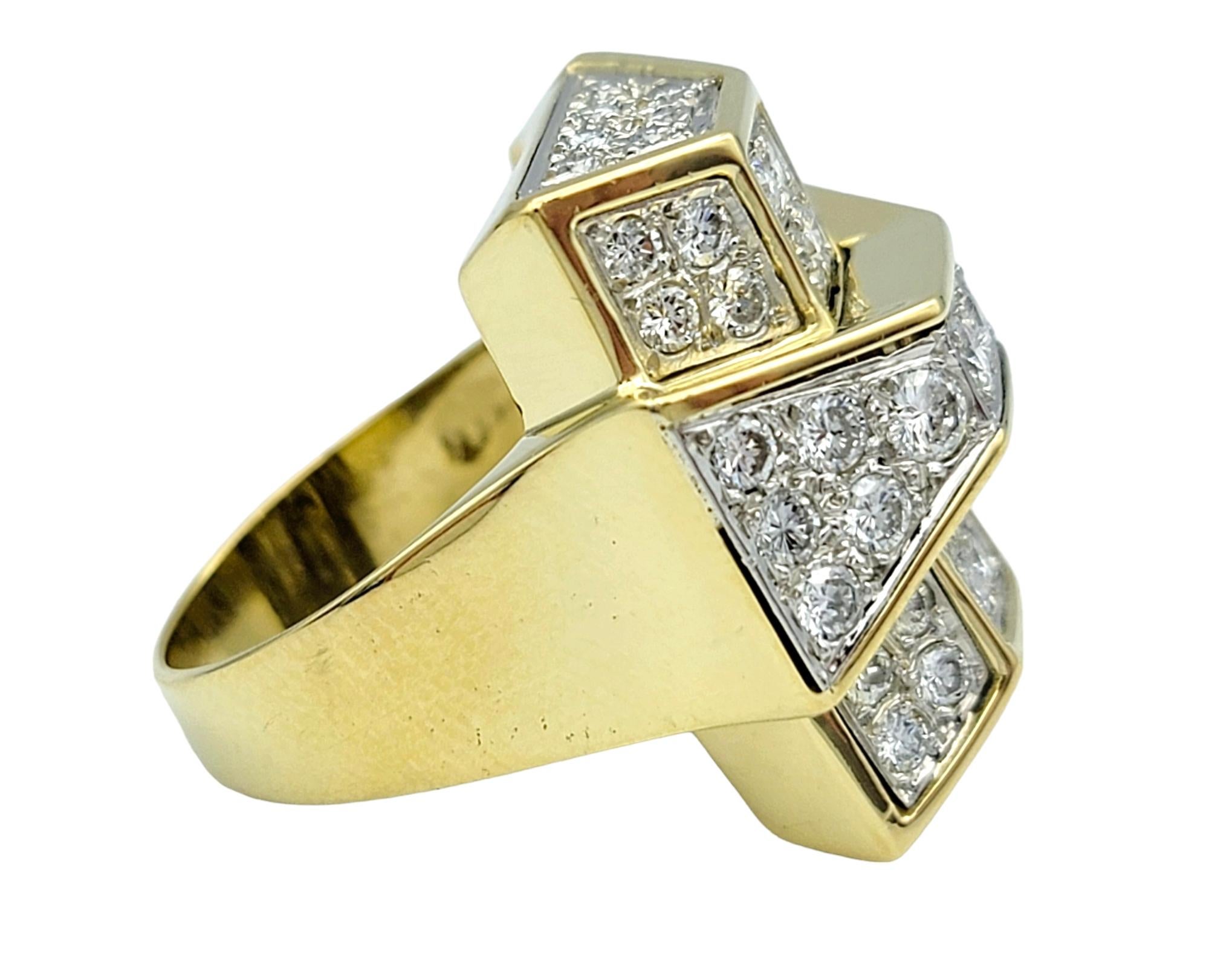 Anillo de Cóctel de Diamantes Alargados Art Decó Vintage Oro Amarillo de 18 Kilates y Platino Corte redondo en venta