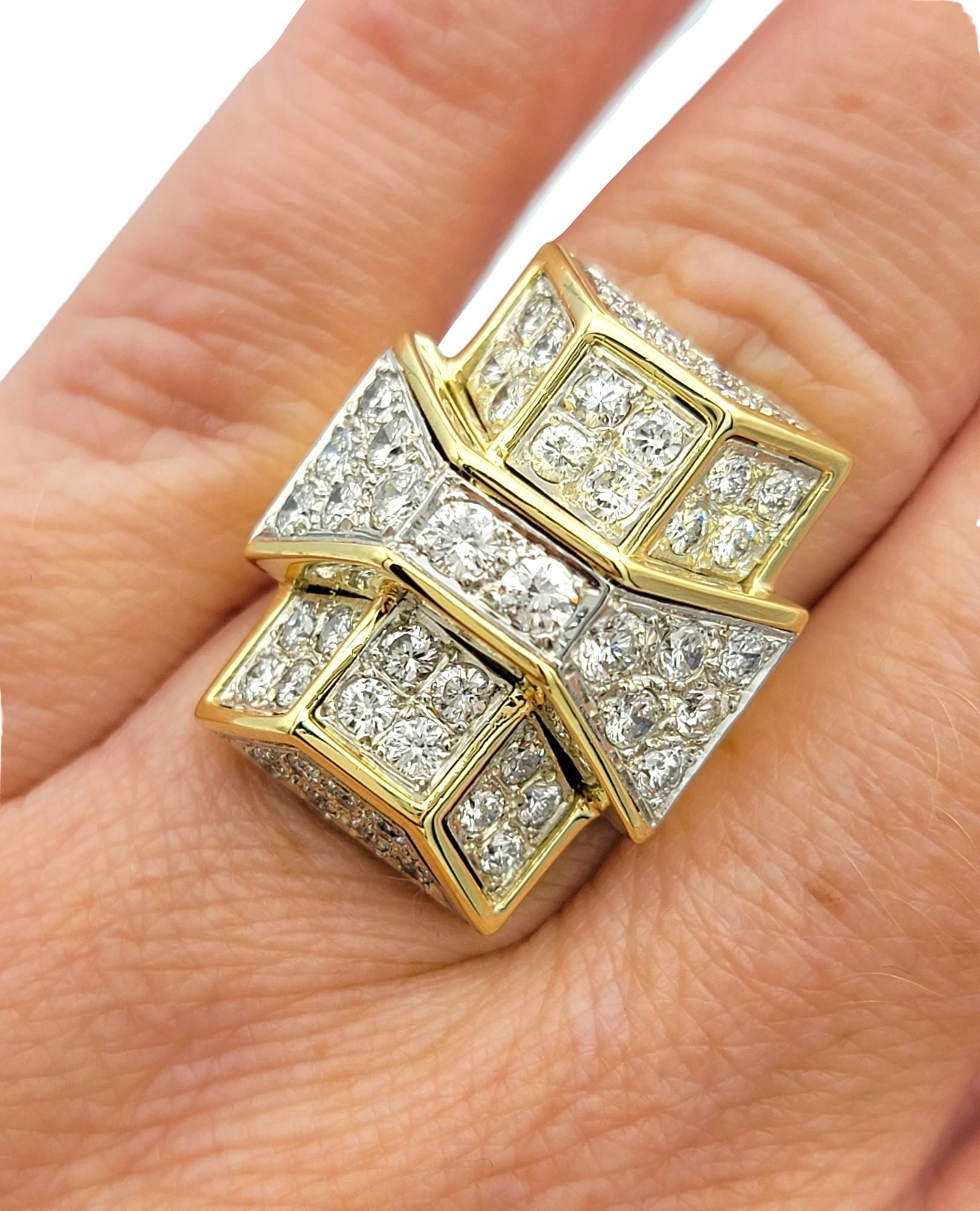 Anillo de Cóctel de Diamantes Alargados Art Decó Vintage Oro Amarillo de 18 Kilates y Platino en venta 3