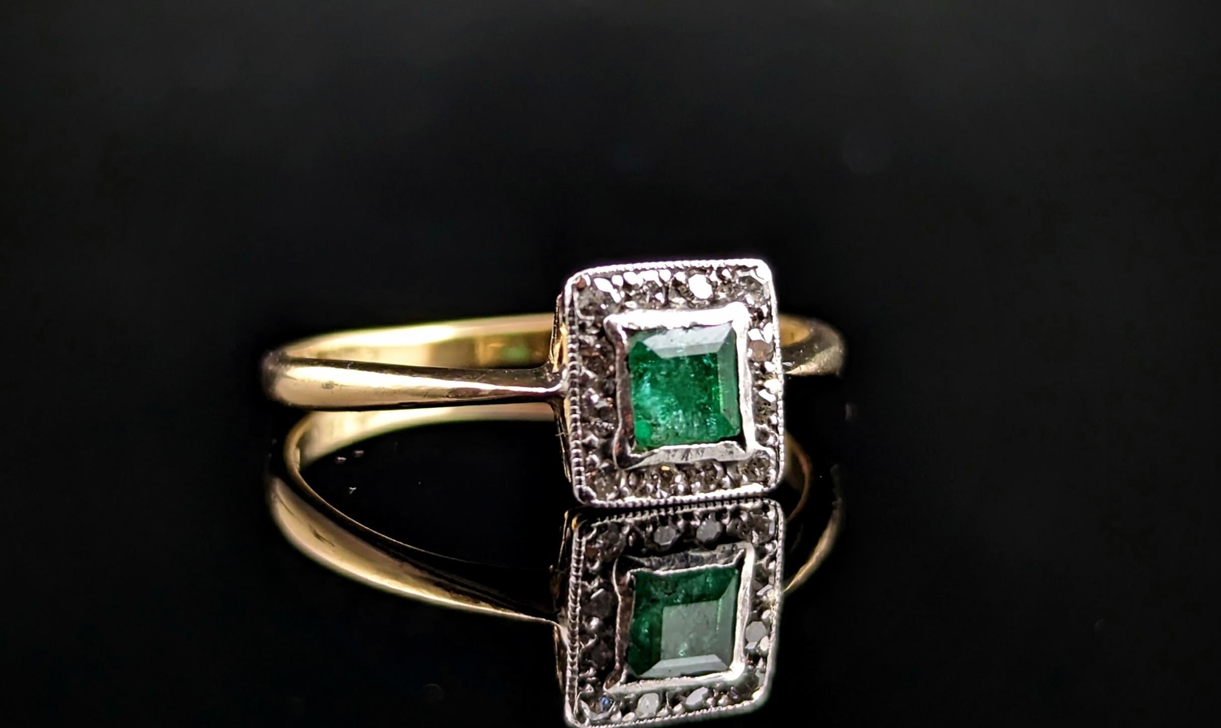 This vintage Art Deco Emerald and Diamond ring exudes Deco luxury.

C1930s it is crafted in rich 18kt yellow gold with a platinum set face, the face is set with a halo of sparkling diamond chips,the diamonds framing the beautiful lush green emerald