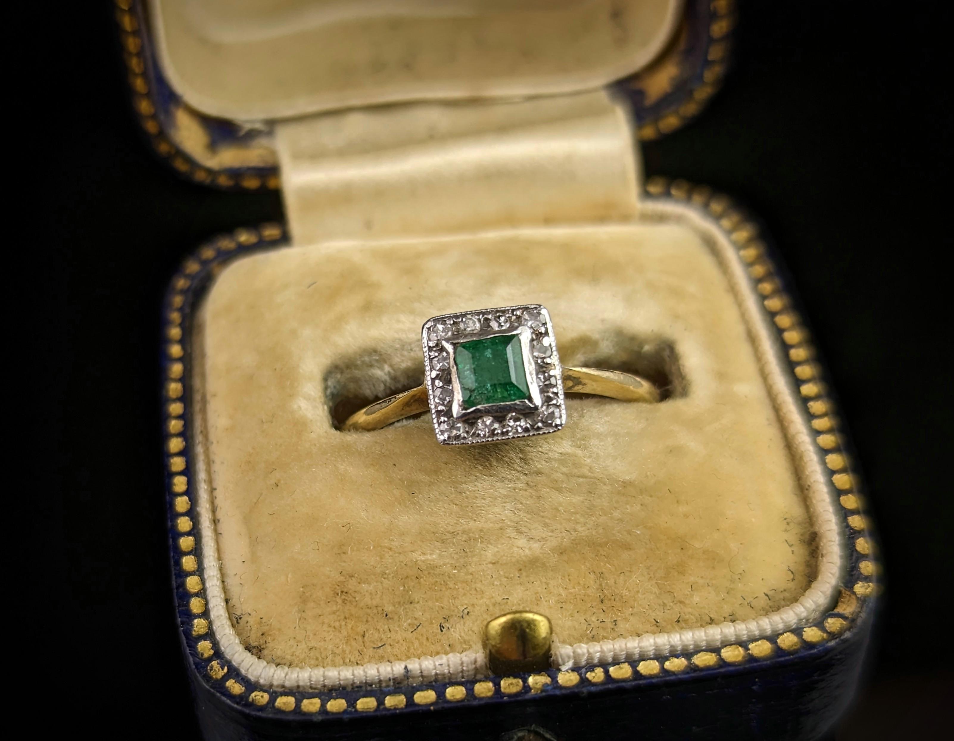 Emerald Cut Vintage Art Deco Emerald and Diamond Ring, 18k Gold and Platinum