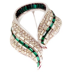 Vintage Art Deco Emerald Crystal Brooch 1950s
