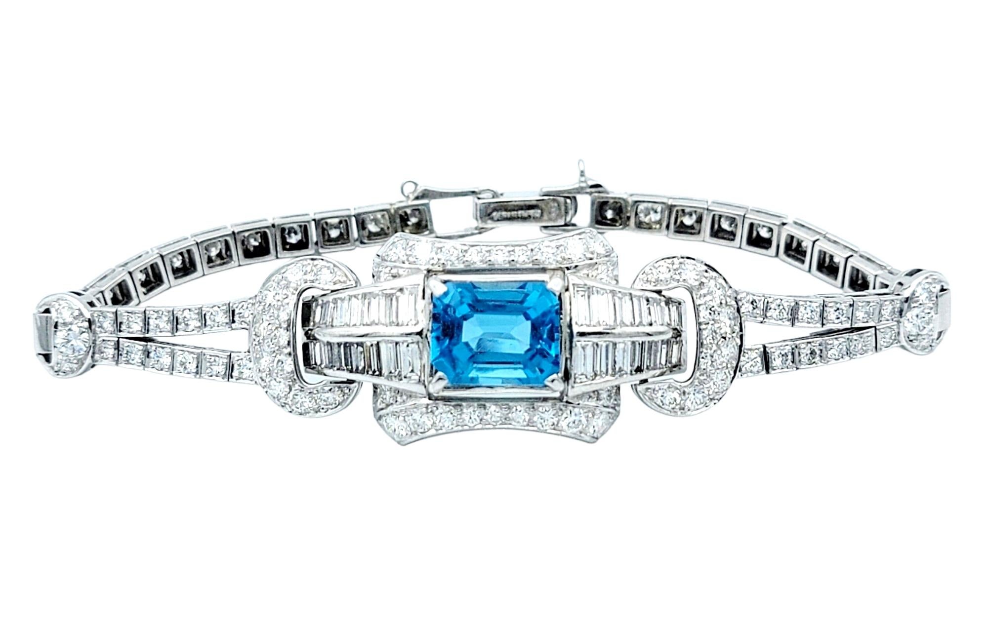 Vintage Art Deco Emerald Cut Blue Topaz and Diamond Bracelet in Platinum  In Good Condition For Sale In Scottsdale, AZ