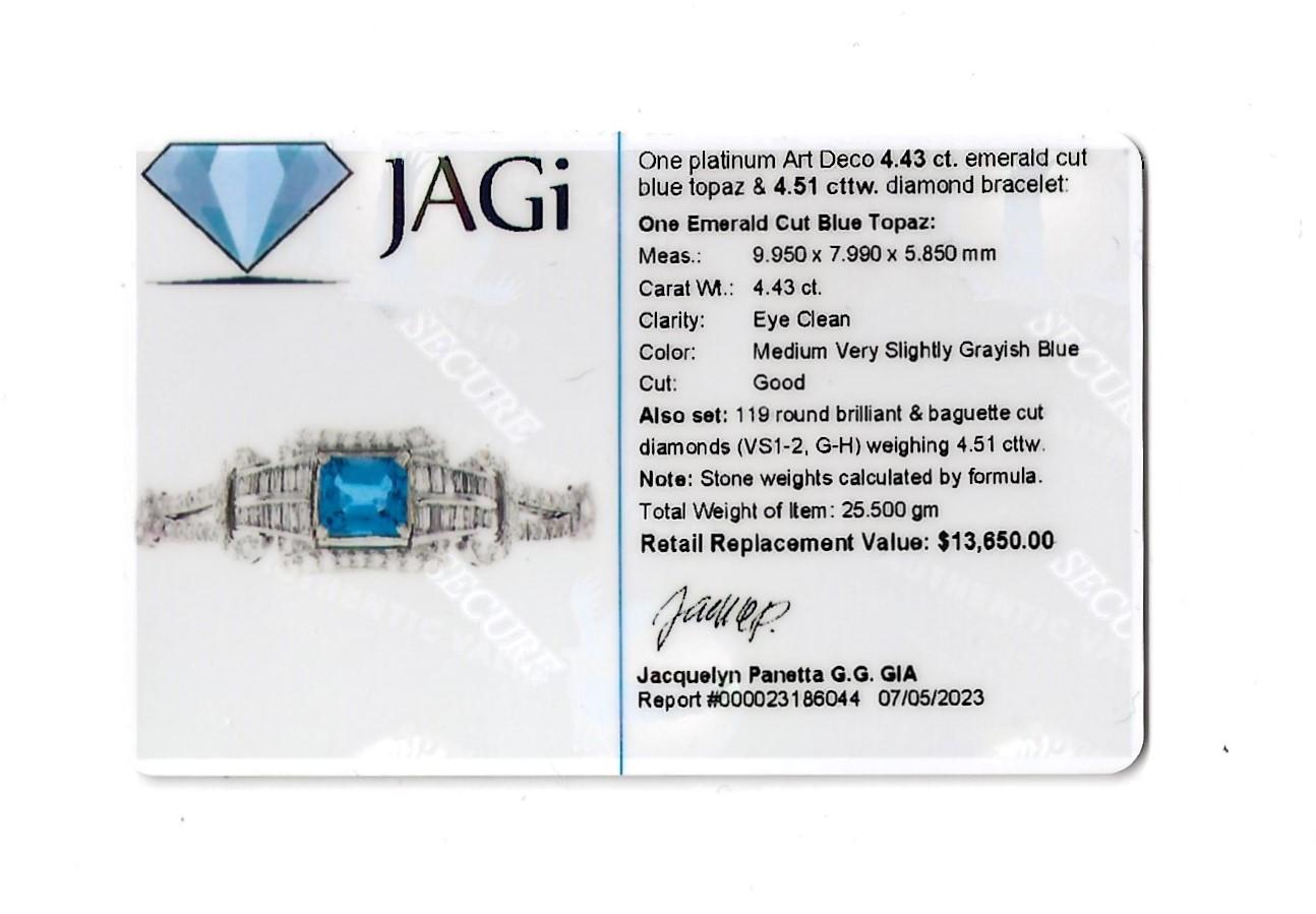 Bracelet Art déco vintage en platine avec topaze bleue taille émeraude et diamants  en vente 3